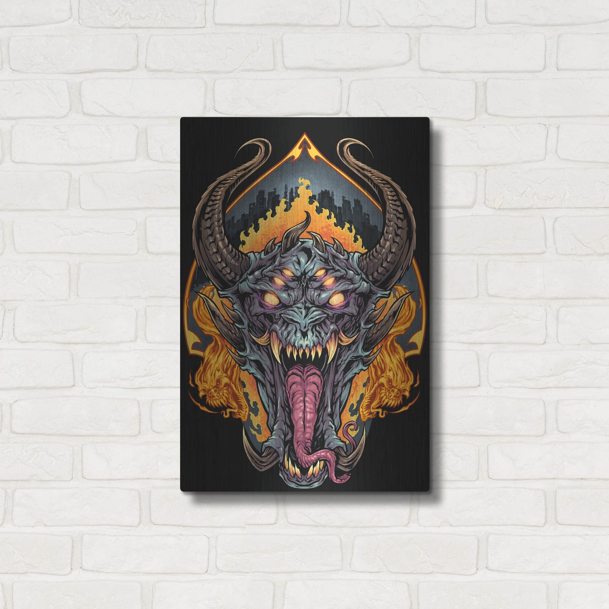 Luxe Metal Art 'Demon Face and Fire Skulls' by Flyland Designs, Metal Wall Art,16x24