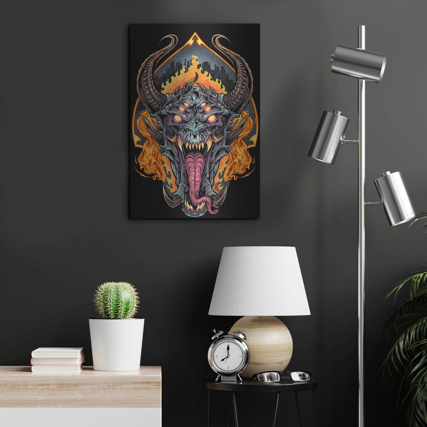 Luxe Metal Art 'Demon Face and Fire Skulls' by Flyland Designs, Metal Wall Art,16x24