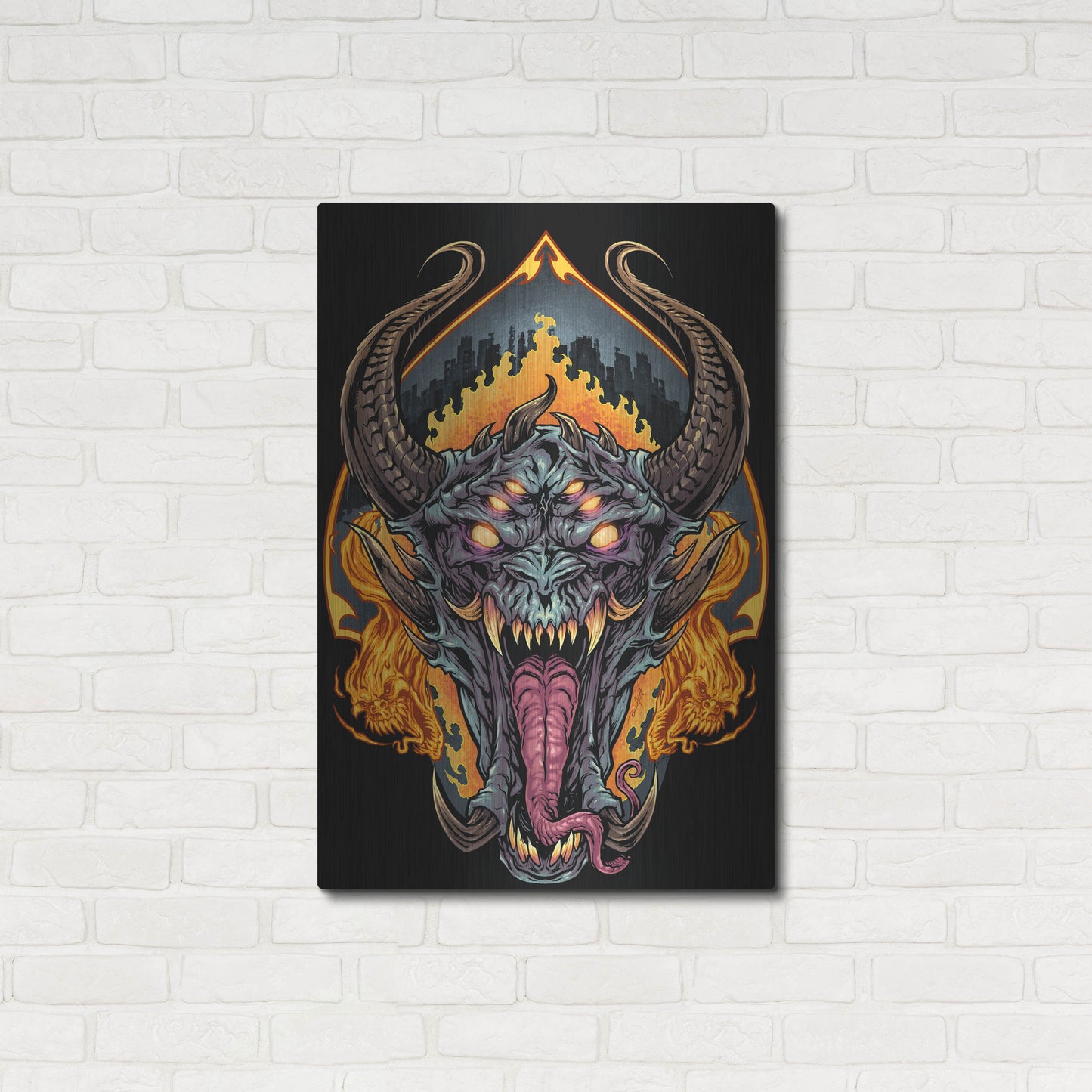 Luxe Metal Art 'Demon Face and Fire Skulls' by Flyland Designs, Metal Wall Art,24x36