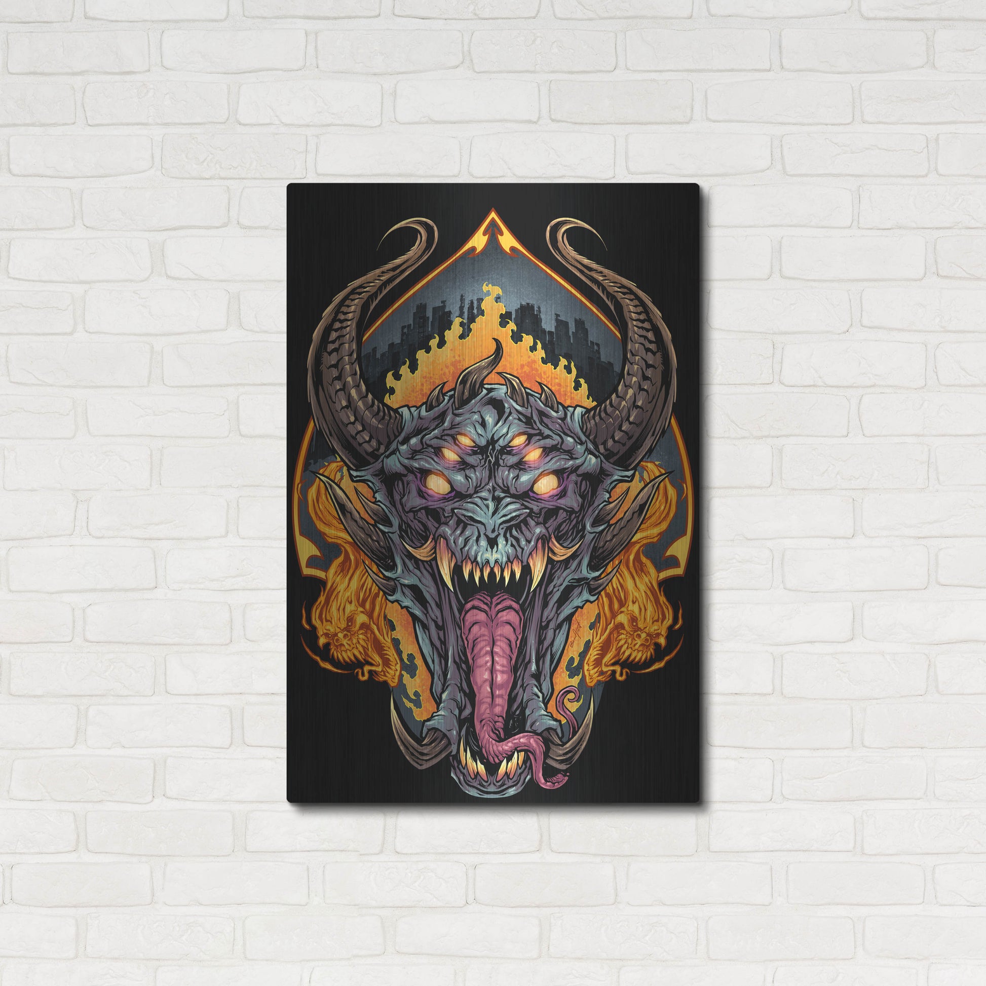 Luxe Metal Art 'Demon Face and Fire Skulls' by Flyland Designs, Metal Wall Art,24x36
