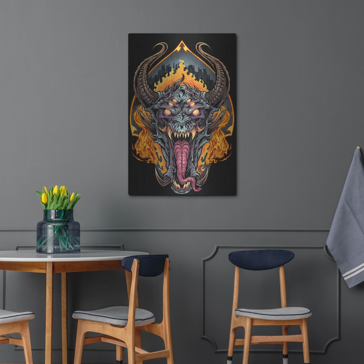 Luxe Metal Art 'Demon Face and Fire Skulls' by Flyland Designs, Metal Wall Art,24x36
