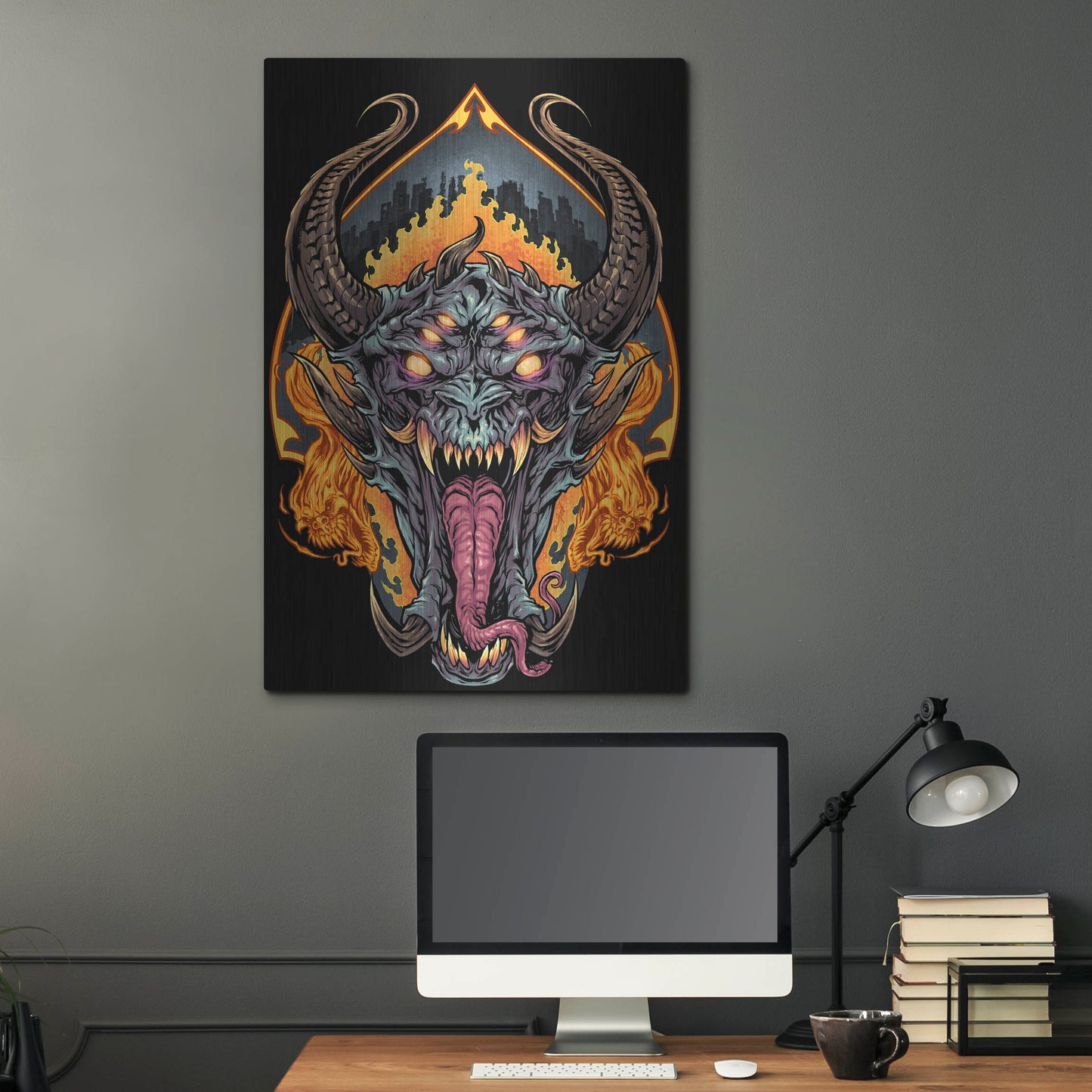 Luxe Metal Art 'Demon Face and Fire Skulls' by Flyland Designs, Metal Wall Art,24x36