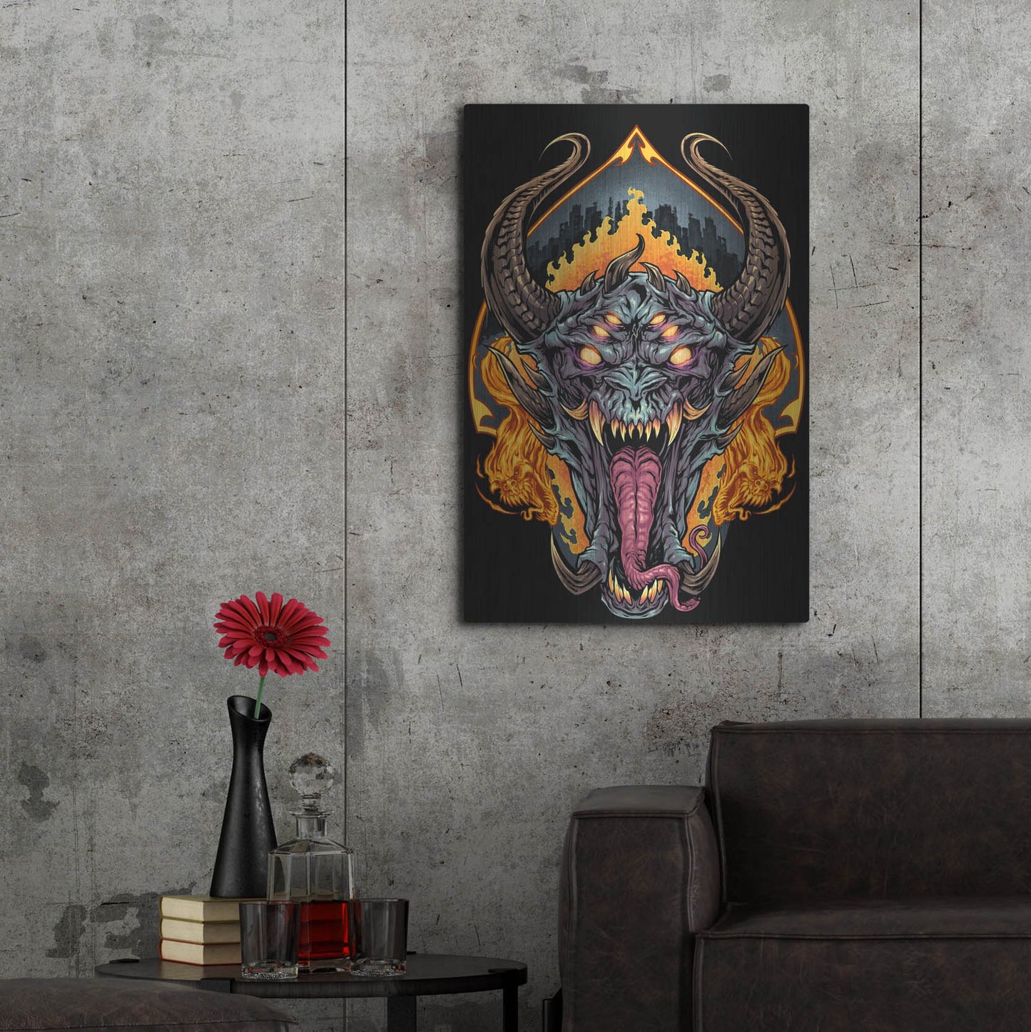 Luxe Metal Art 'Demon Face and Fire Skulls' by Flyland Designs, Metal Wall Art,24x36