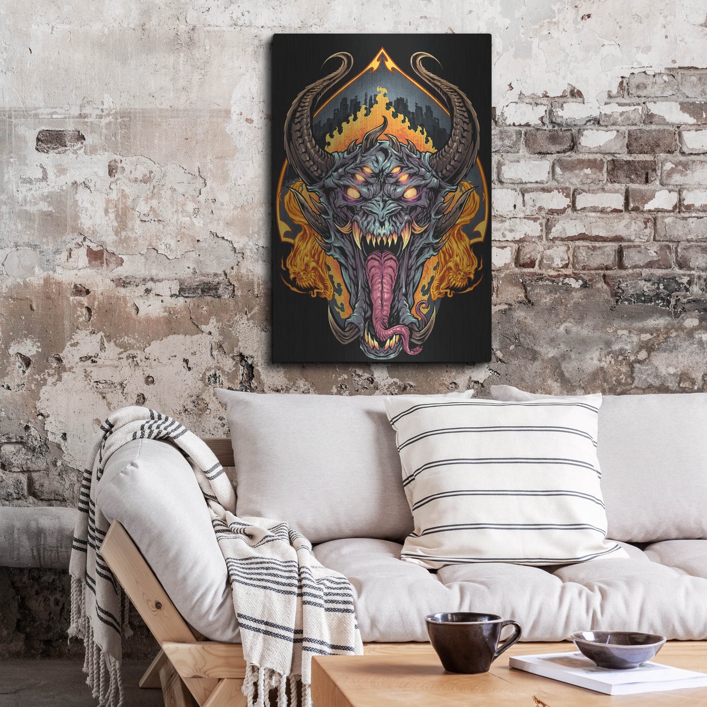 Luxe Metal Art 'Demon Face and Fire Skulls' by Flyland Designs, Metal Wall Art,24x36