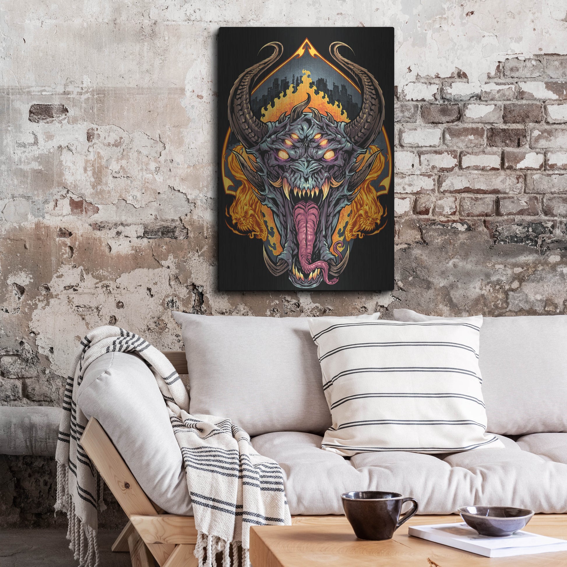 Luxe Metal Art 'Demon Face and Fire Skulls' by Flyland Designs, Metal Wall Art,24x36