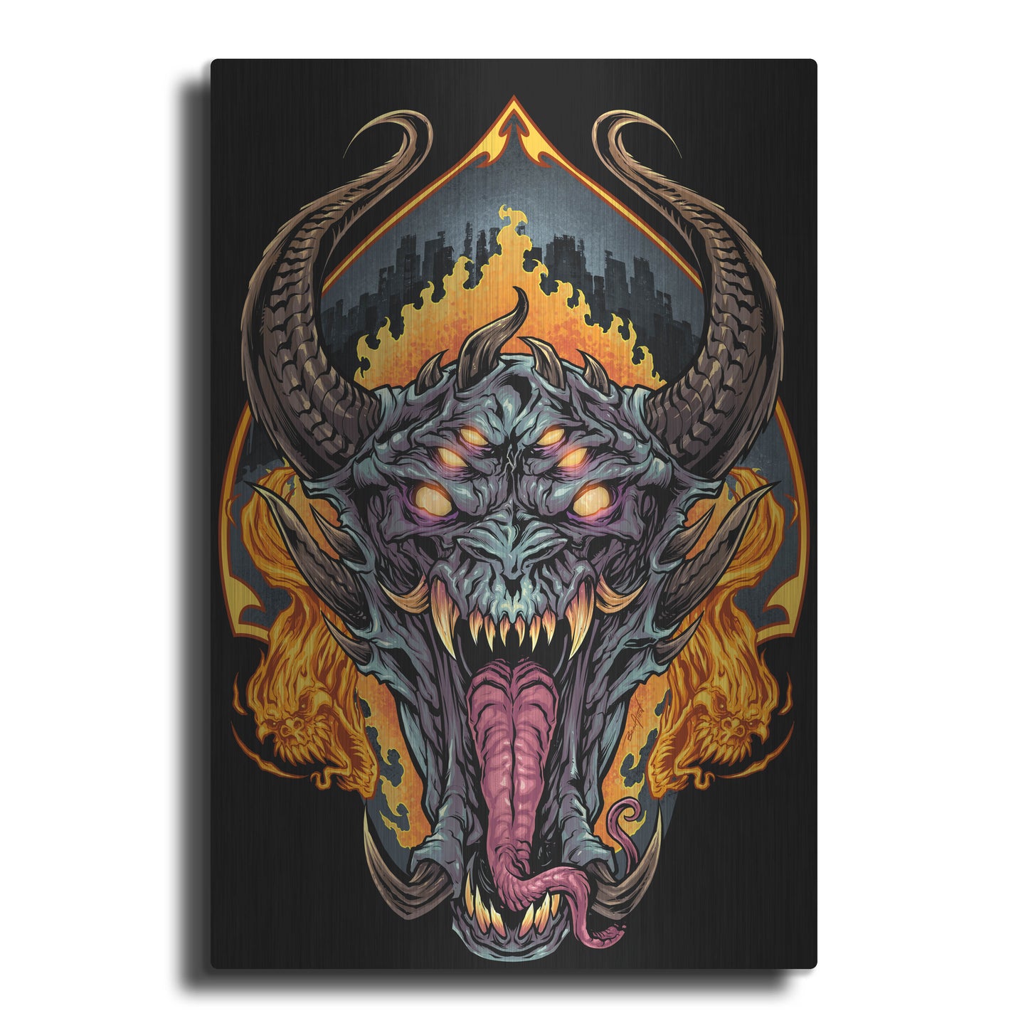 Luxe Metal Art 'Demon Face and Fire Skulls' by Flyland Designs, Metal Wall Art