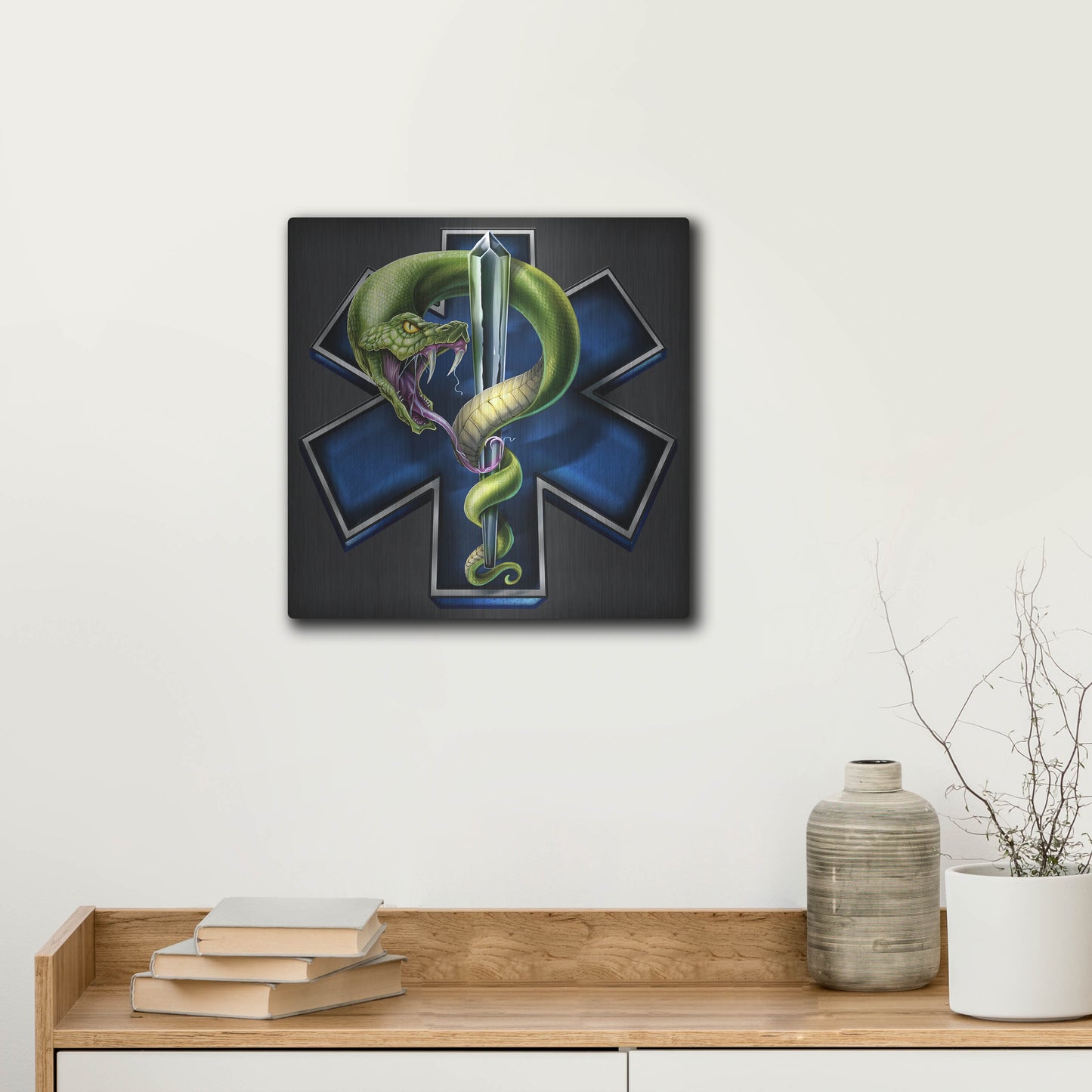 Luxe Metal Art 'EMS Star of Life With Snake' by Flyland Designs, Metal Wall Art,12x12