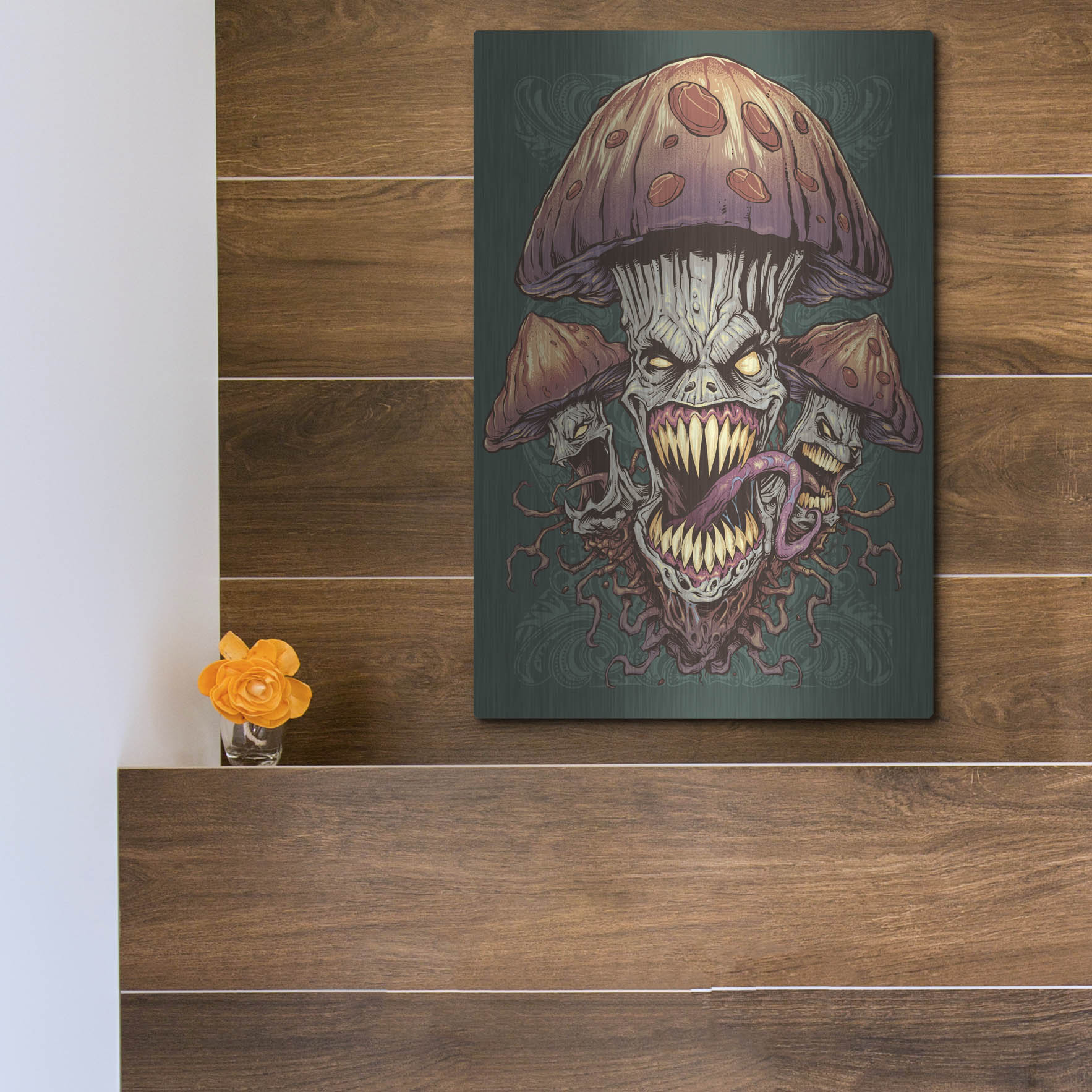 Luxe Metal Art 'Evil Mushroom Color Scheme 02' by Flyland Designs, Metal Wall Art,12x16