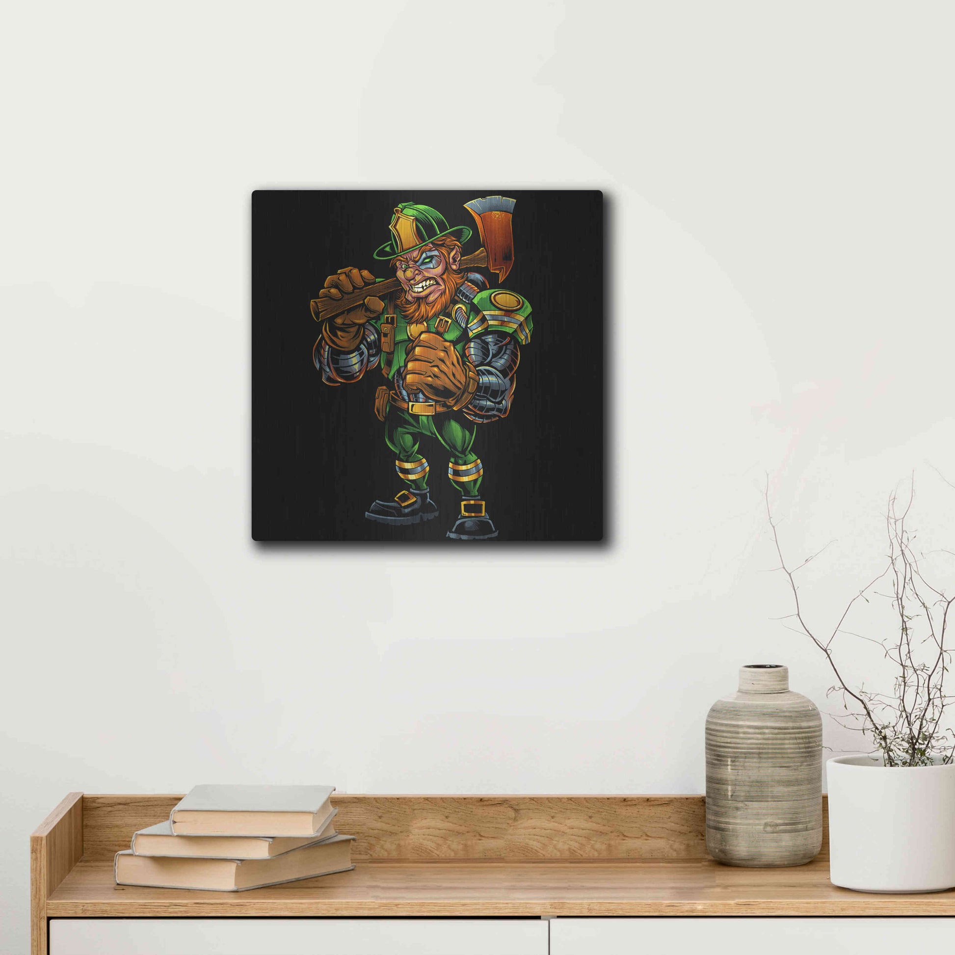 Luxe Metal Art 'Fire Fighter Cyborg Leprechaun' by Flyland Designs, Metal Wall Art,12x12