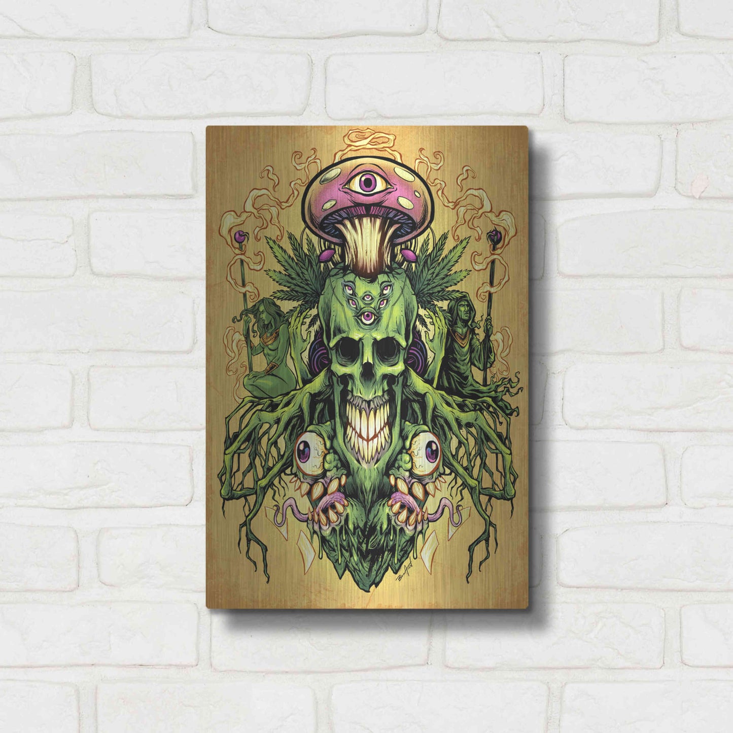 Luxe Metal Art 'Marijuana Skull and Mushrooms' by Flyland Designs, Metal Wall Art,12x16