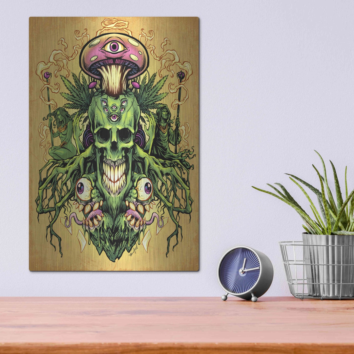 Luxe Metal Art 'Marijuana Skull and Mushrooms' by Flyland Designs, Metal Wall Art,12x16
