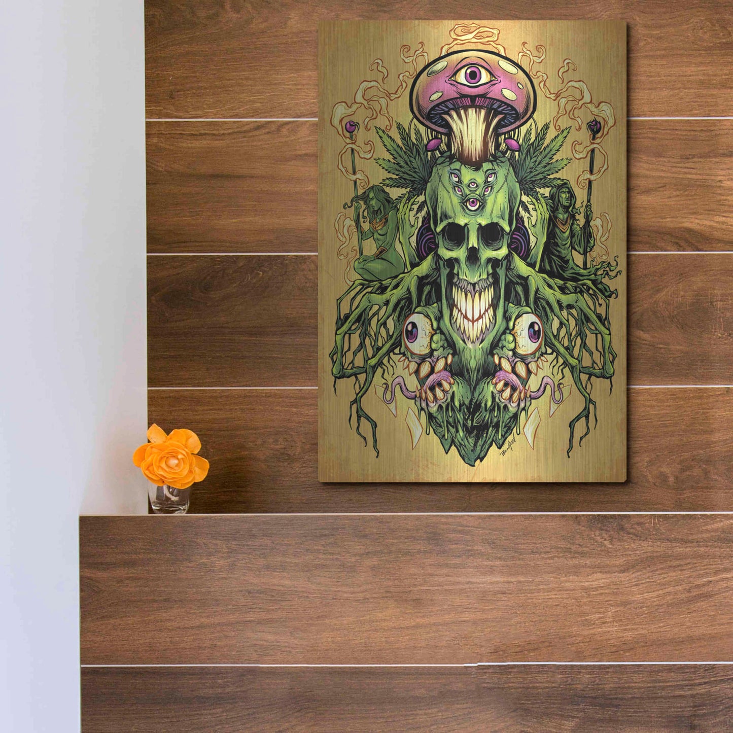Luxe Metal Art 'Marijuana Skull and Mushrooms' by Flyland Designs, Metal Wall Art,12x16