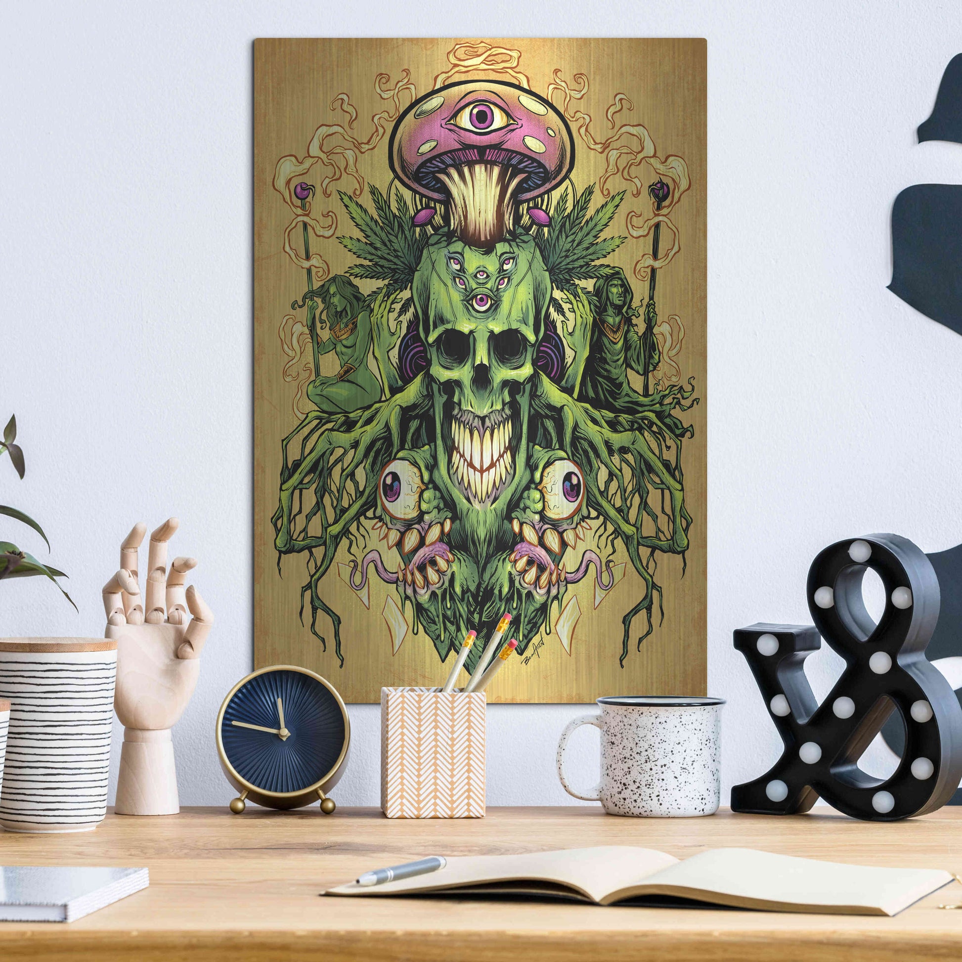 Luxe Metal Art 'Marijuana Skull and Mushrooms' by Flyland Designs, Metal Wall Art,12x16
