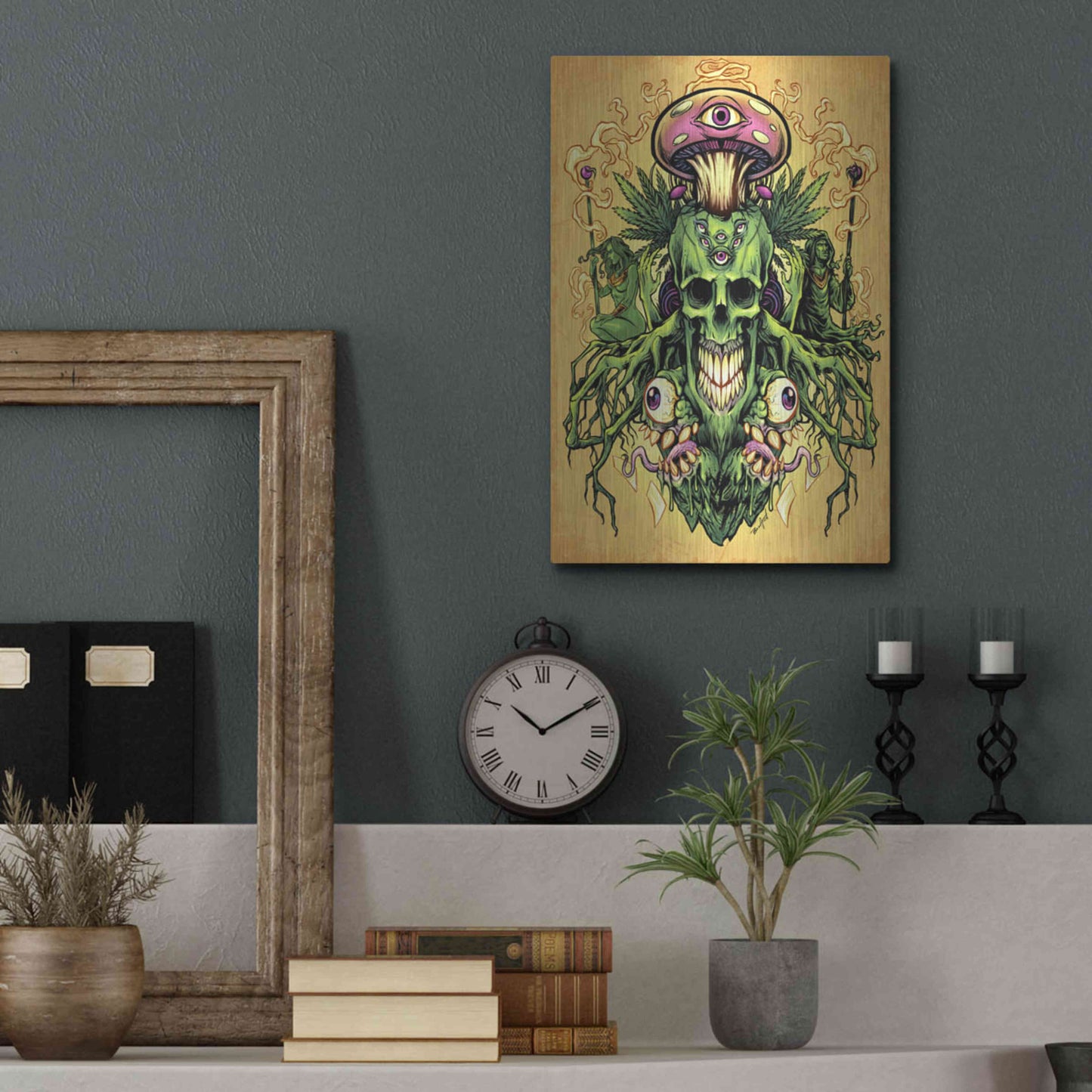 Luxe Metal Art 'Marijuana Skull and Mushrooms' by Flyland Designs, Metal Wall Art,12x16