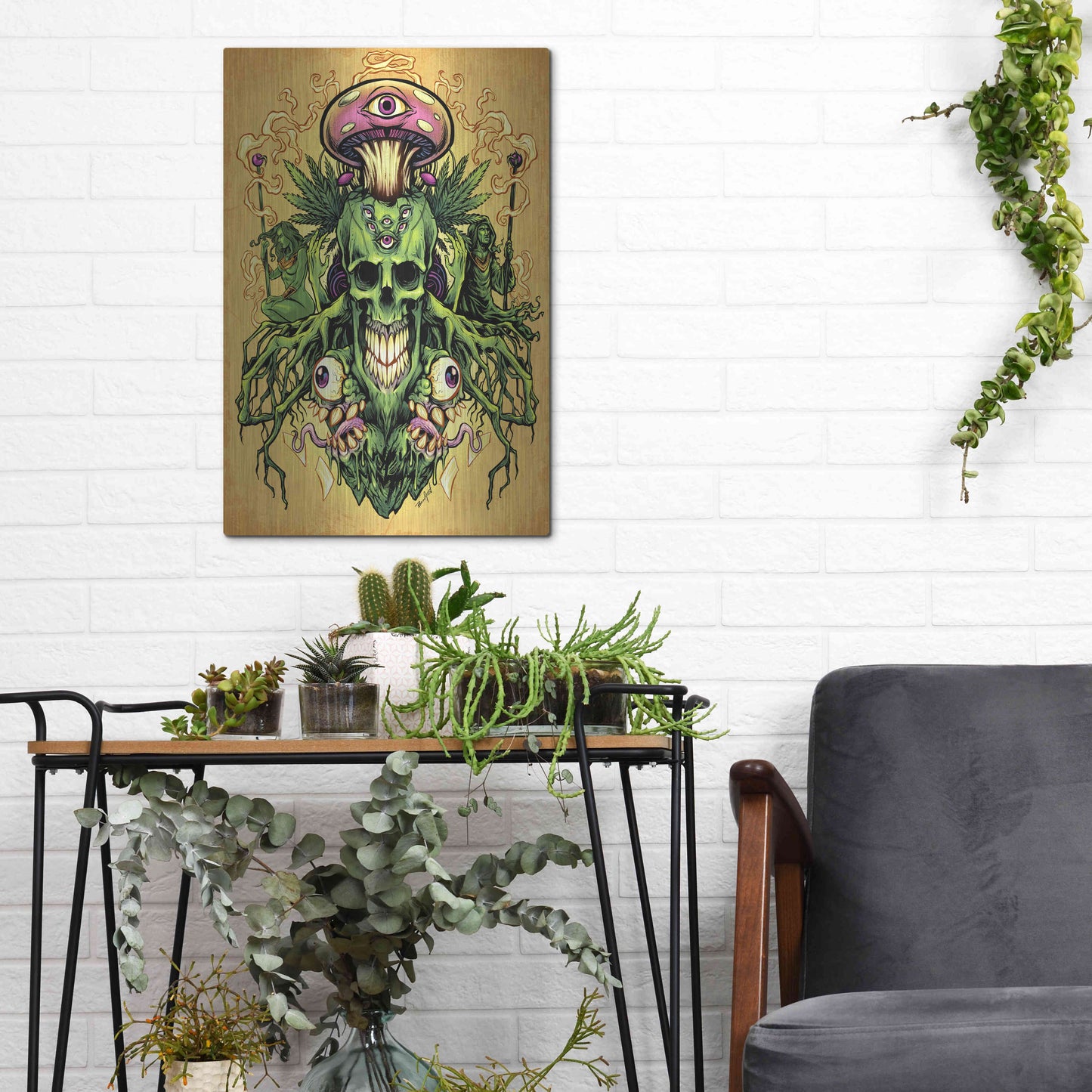 Luxe Metal Art 'Marijuana Skull and Mushrooms' by Flyland Designs, Metal Wall Art,12x16
