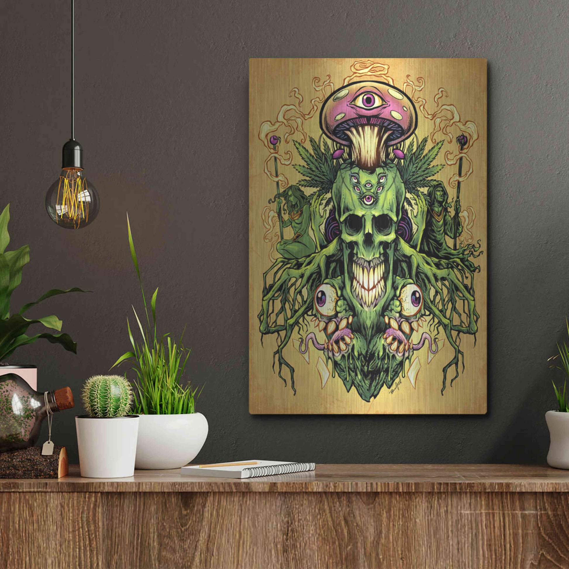 Luxe Metal Art 'Marijuana Skull and Mushrooms' by Flyland Designs, Metal Wall Art,12x16