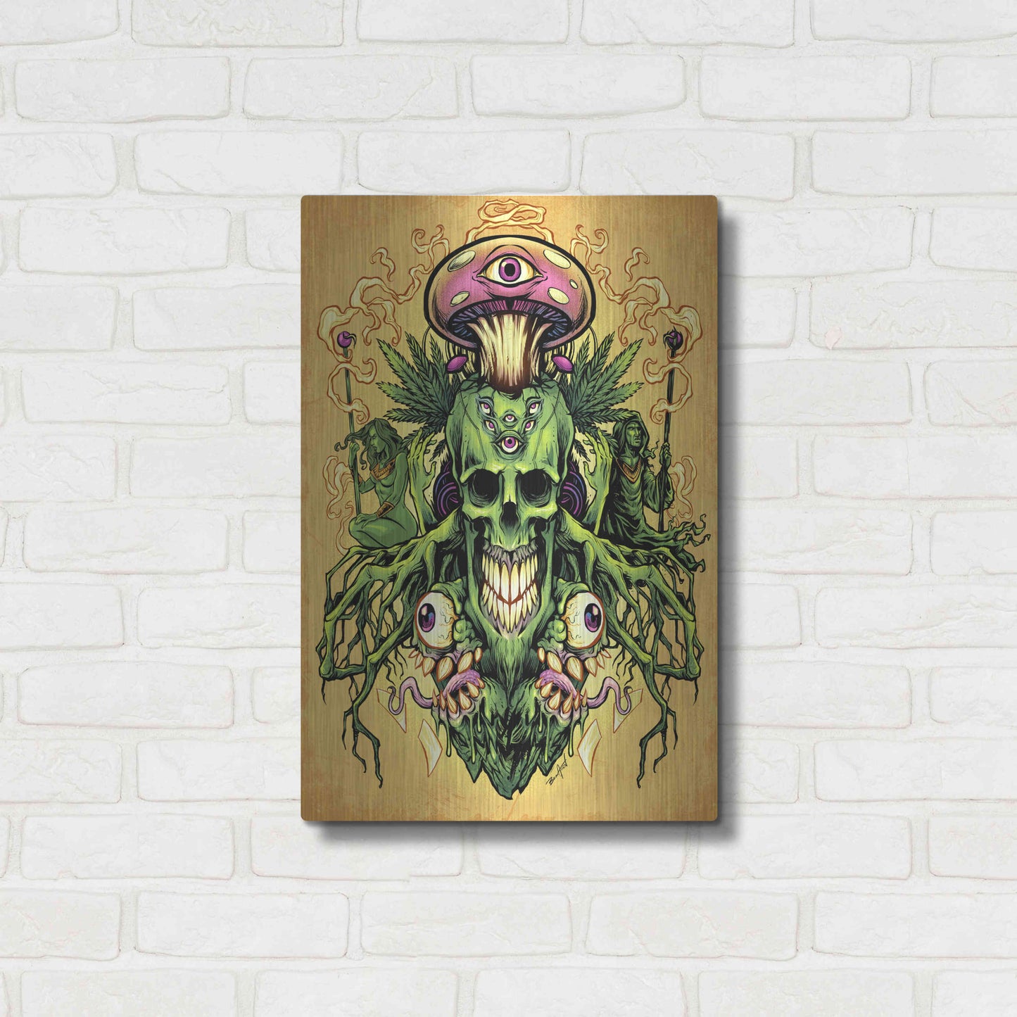 Luxe Metal Art 'Marijuana Skull and Mushrooms' by Flyland Designs, Metal Wall Art,16x24
