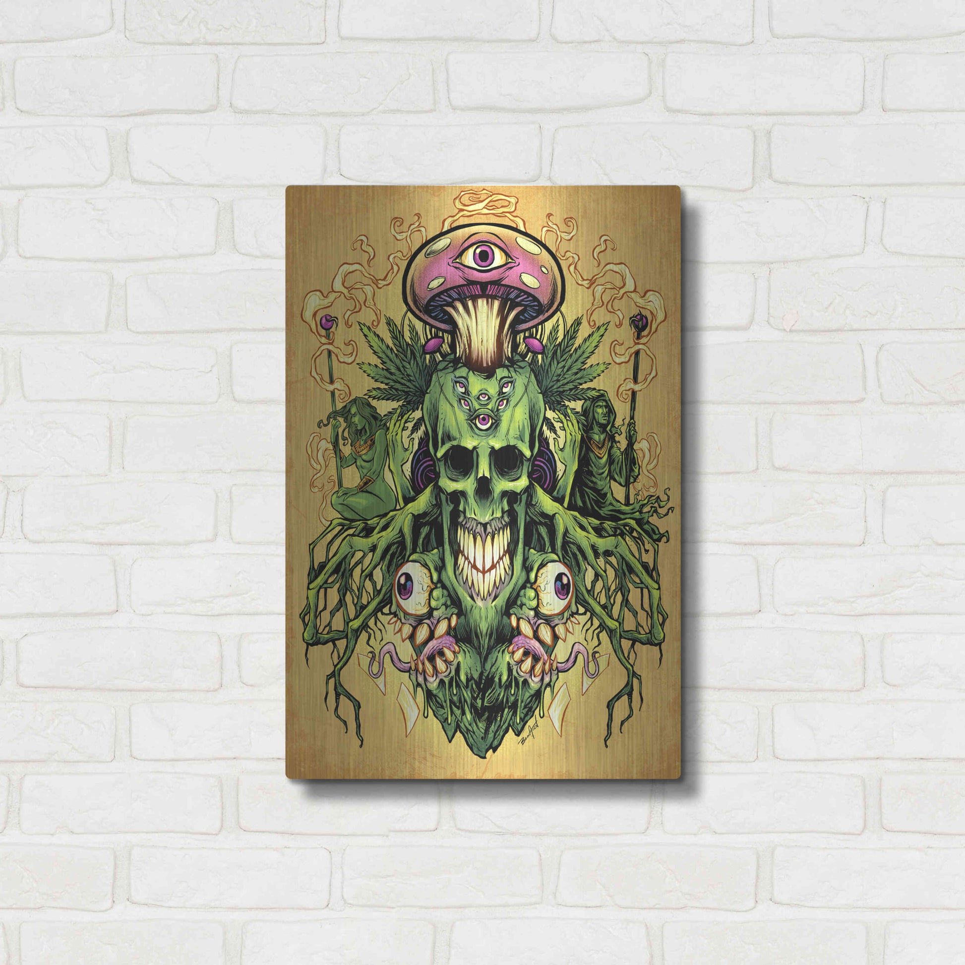 Luxe Metal Art 'Marijuana Skull and Mushrooms' by Flyland Designs, Metal Wall Art,16x24