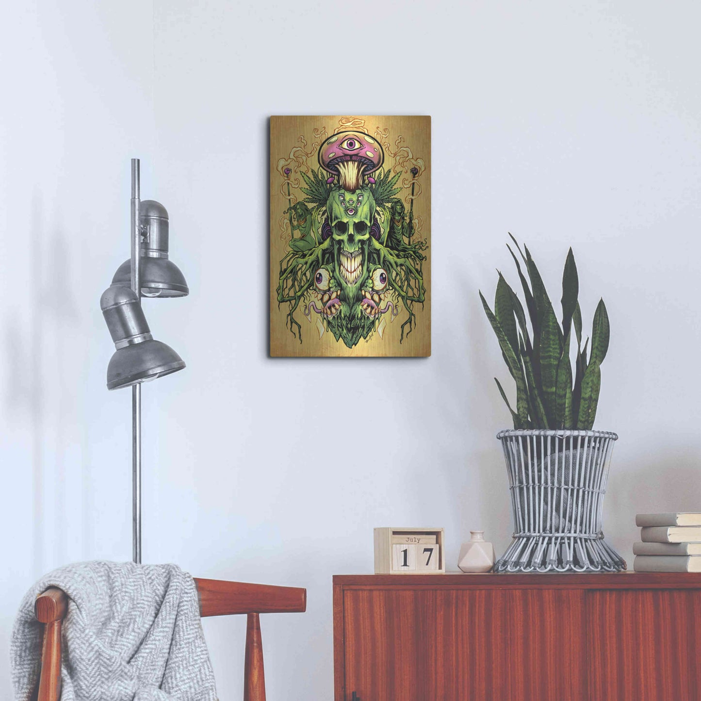 Luxe Metal Art 'Marijuana Skull and Mushrooms' by Flyland Designs, Metal Wall Art,16x24