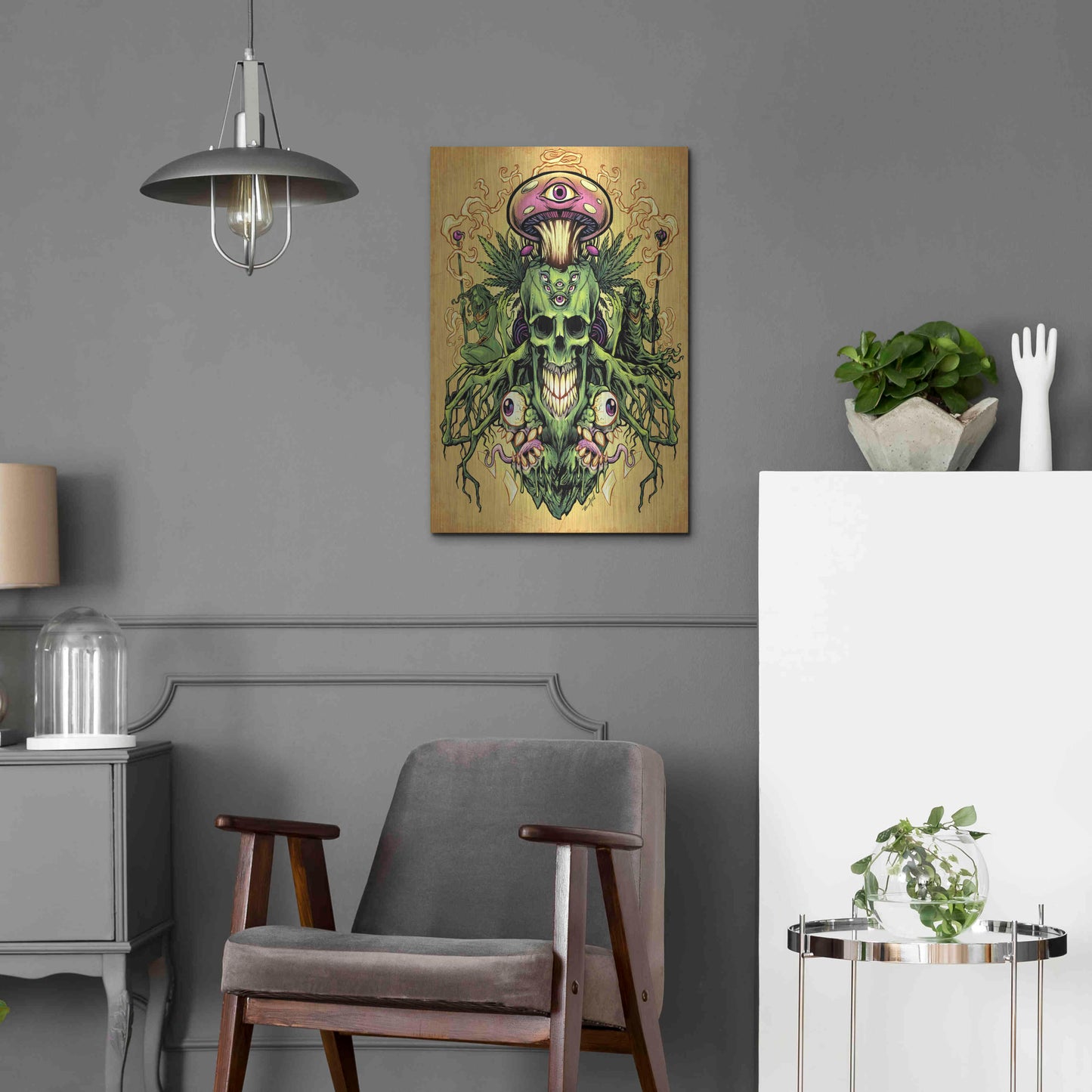 Luxe Metal Art 'Marijuana Skull and Mushrooms' by Flyland Designs, Metal Wall Art,16x24