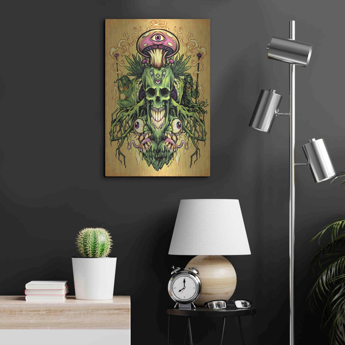Luxe Metal Art 'Marijuana Skull and Mushrooms' by Flyland Designs, Metal Wall Art,16x24