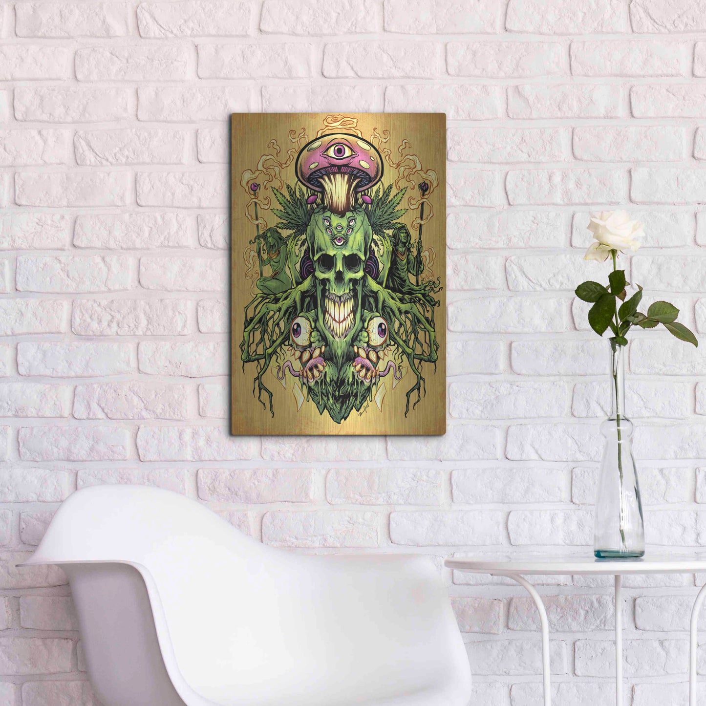 Luxe Metal Art 'Marijuana Skull and Mushrooms' by Flyland Designs, Metal Wall Art,16x24
