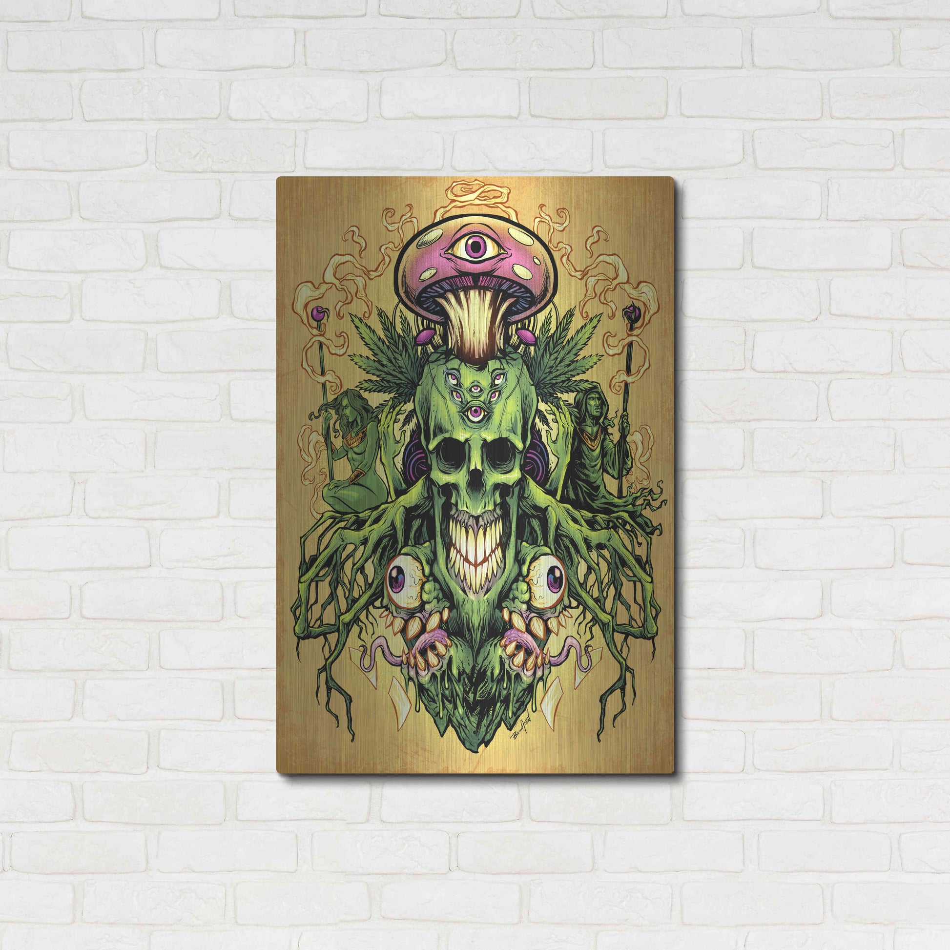 Luxe Metal Art 'Marijuana Skull and Mushrooms' by Flyland Designs, Metal Wall Art,24x36