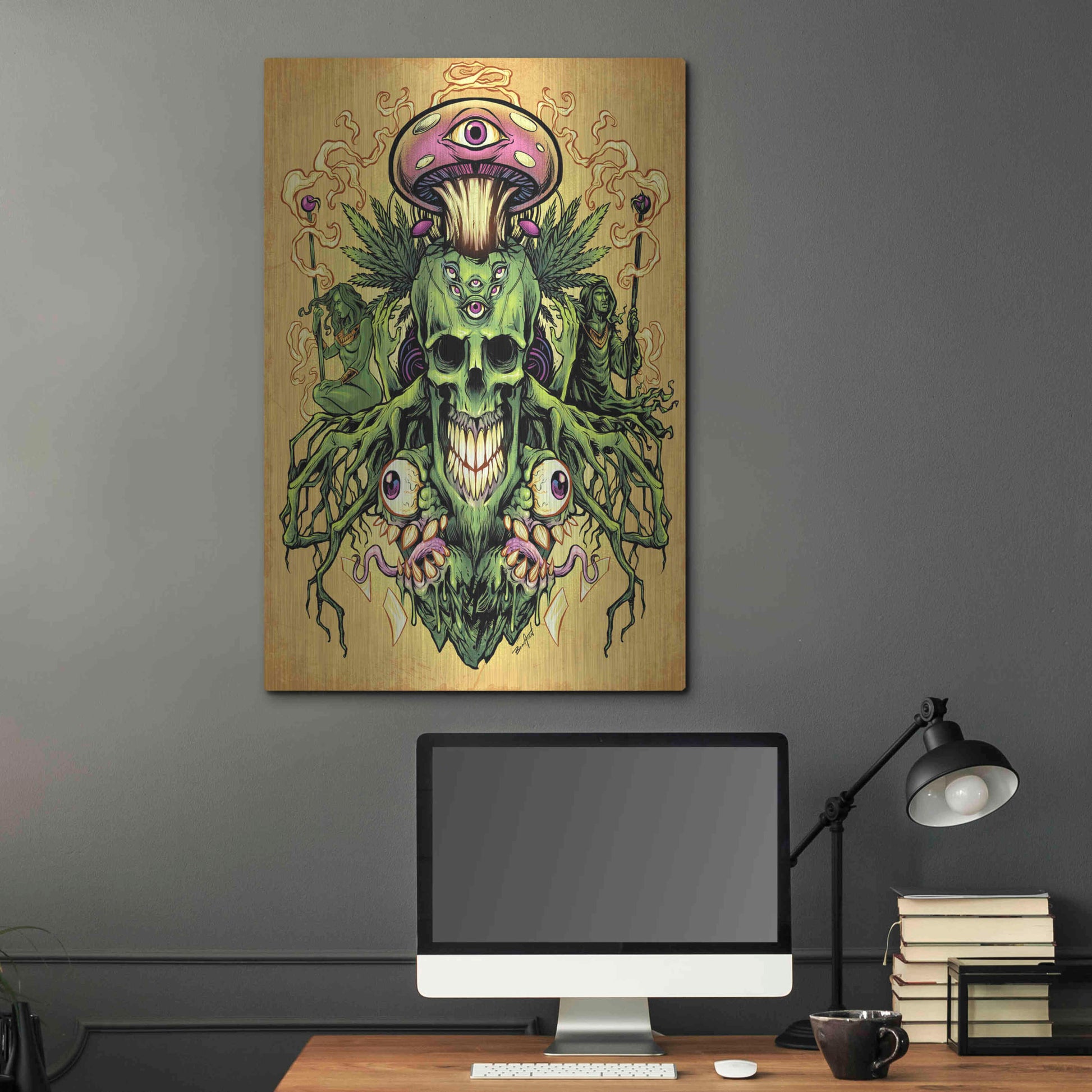 Luxe Metal Art 'Marijuana Skull and Mushrooms' by Flyland Designs, Metal Wall Art,24x36