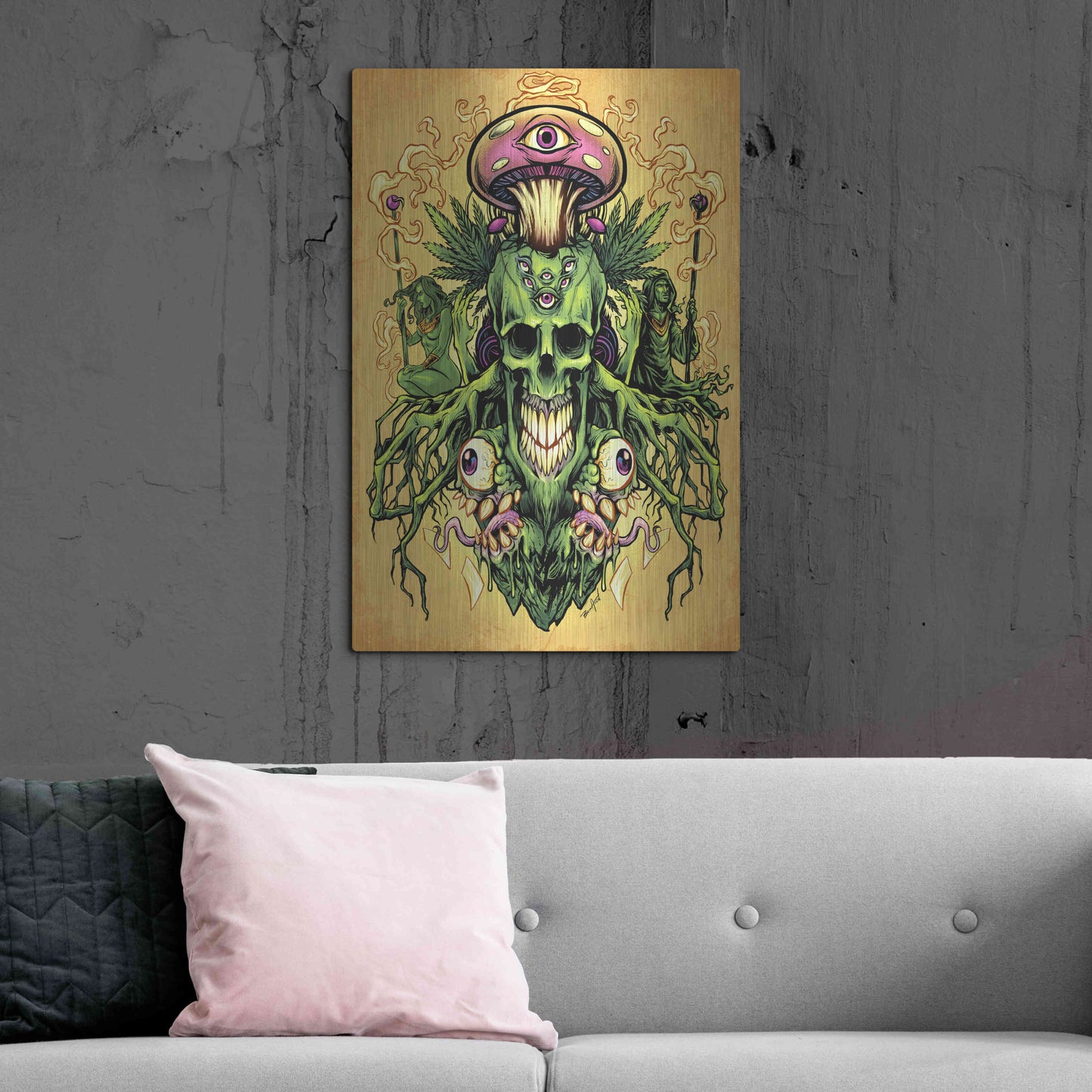 Luxe Metal Art 'Marijuana Skull and Mushrooms' by Flyland Designs, Metal Wall Art,24x36