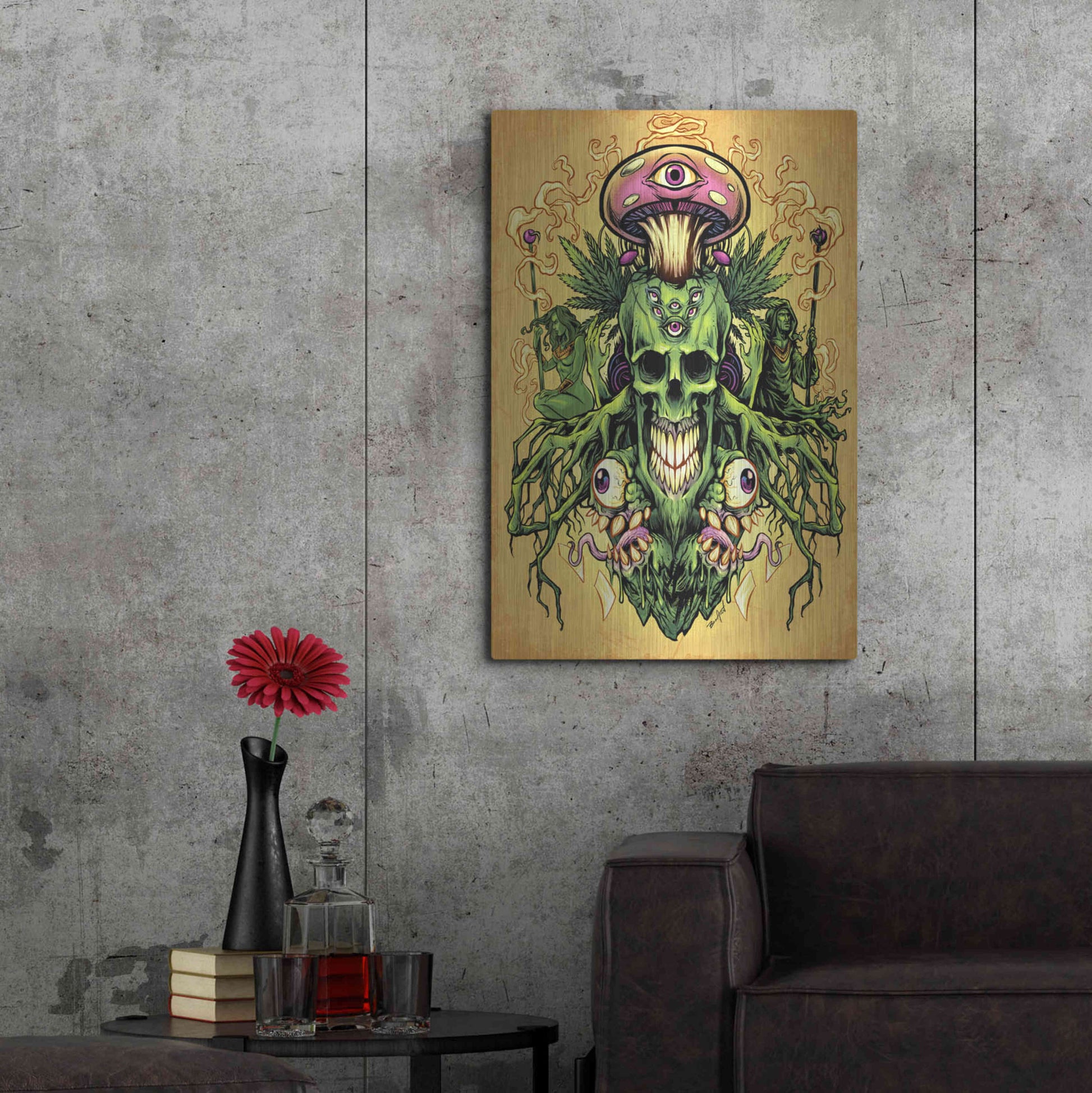 Luxe Metal Art 'Marijuana Skull and Mushrooms' by Flyland Designs, Metal Wall Art,24x36