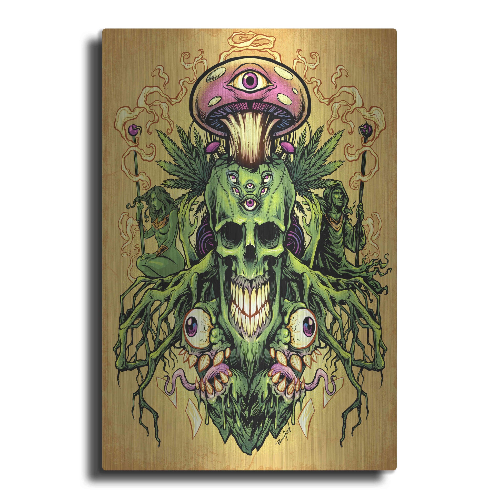 Luxe Metal Art 'Marijuana Skull and Mushrooms' by Flyland Designs, Metal Wall Art