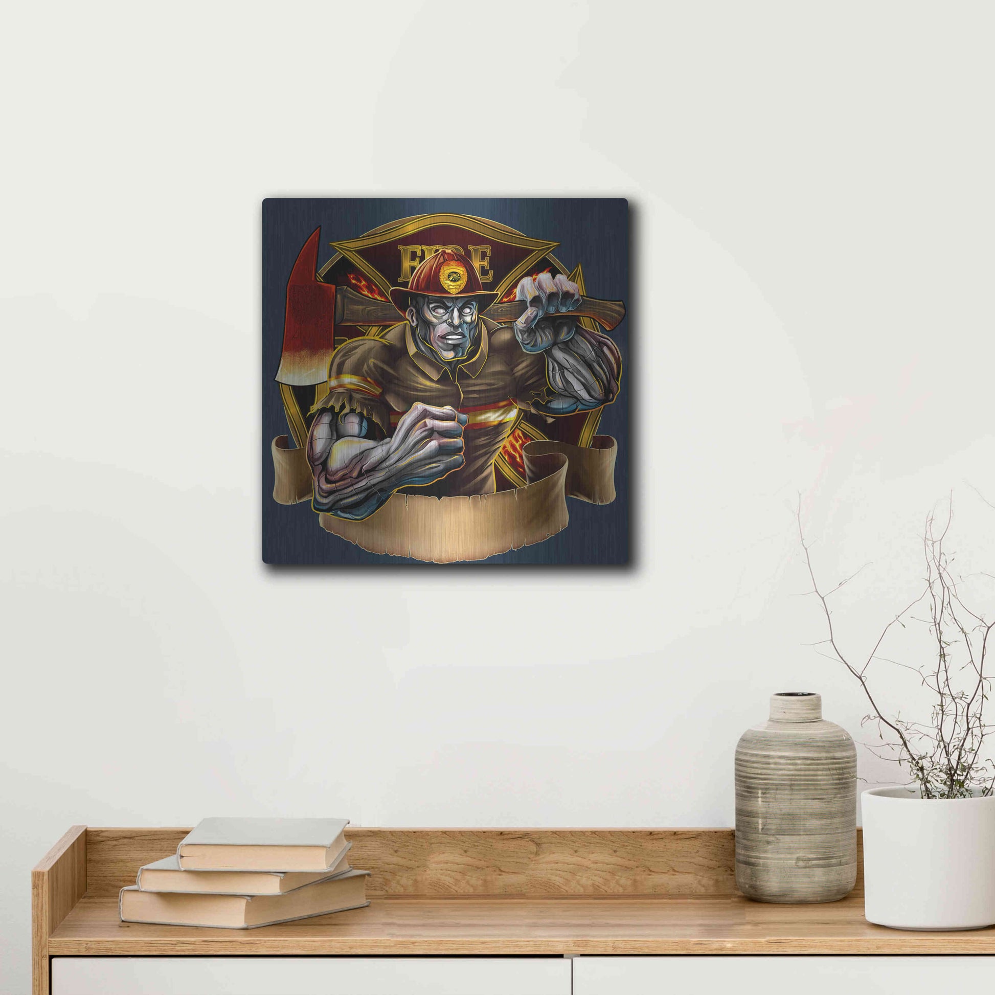Luxe Metal Art 'Metal Skin Fire-Fighter' by Flyland Designs, Metal Wall Art,12x12