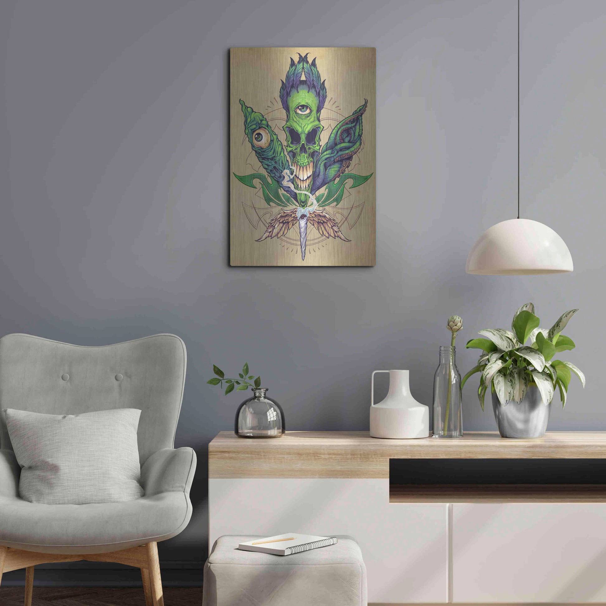 Luxe Metal Art 'Pot Leaf Skull' by Flyland Designs, Metal Wall Art,16x24