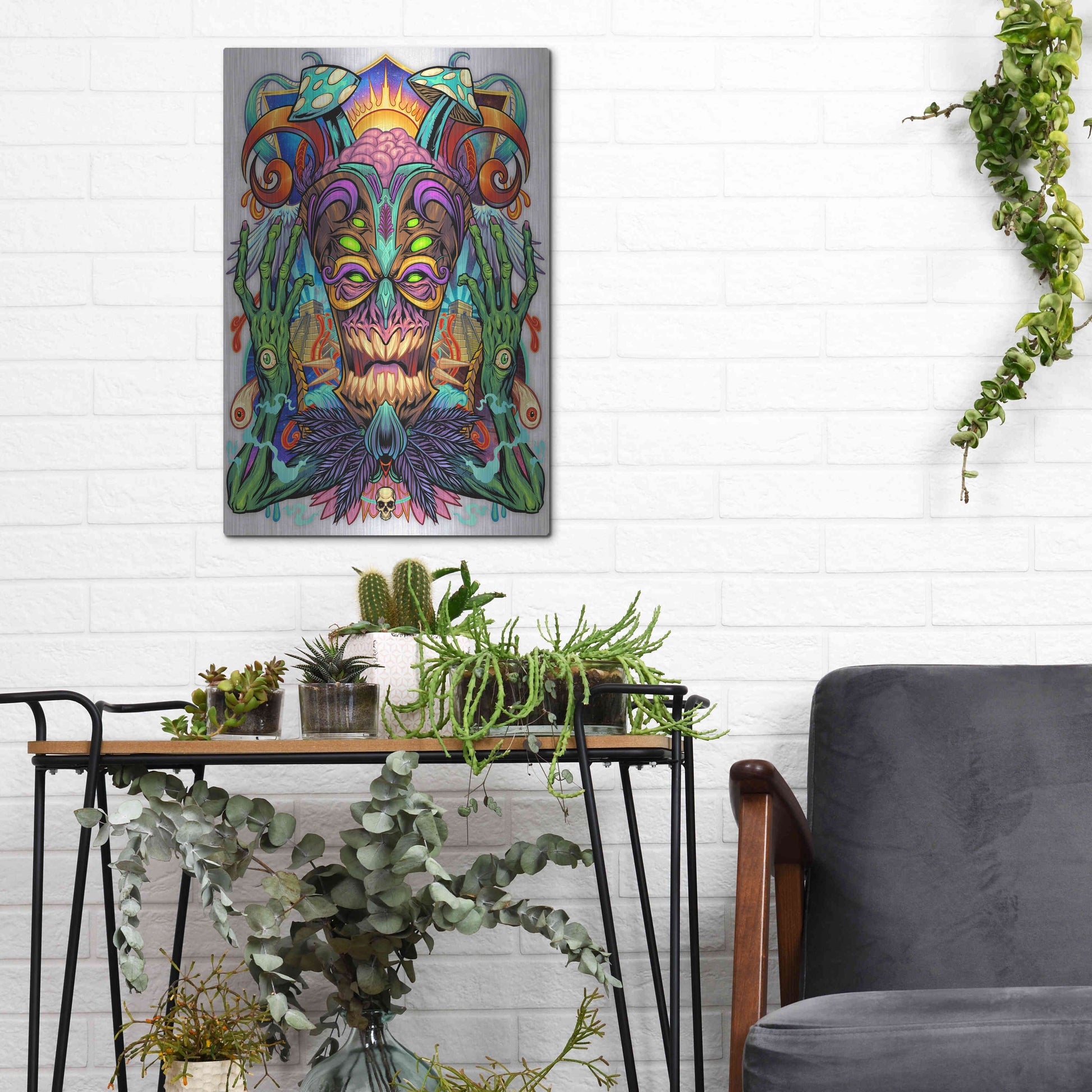 Luxe Metal Art 'Psychedelic Tiki Creature' by Flyland Designs, Metal Wall Art,12x16