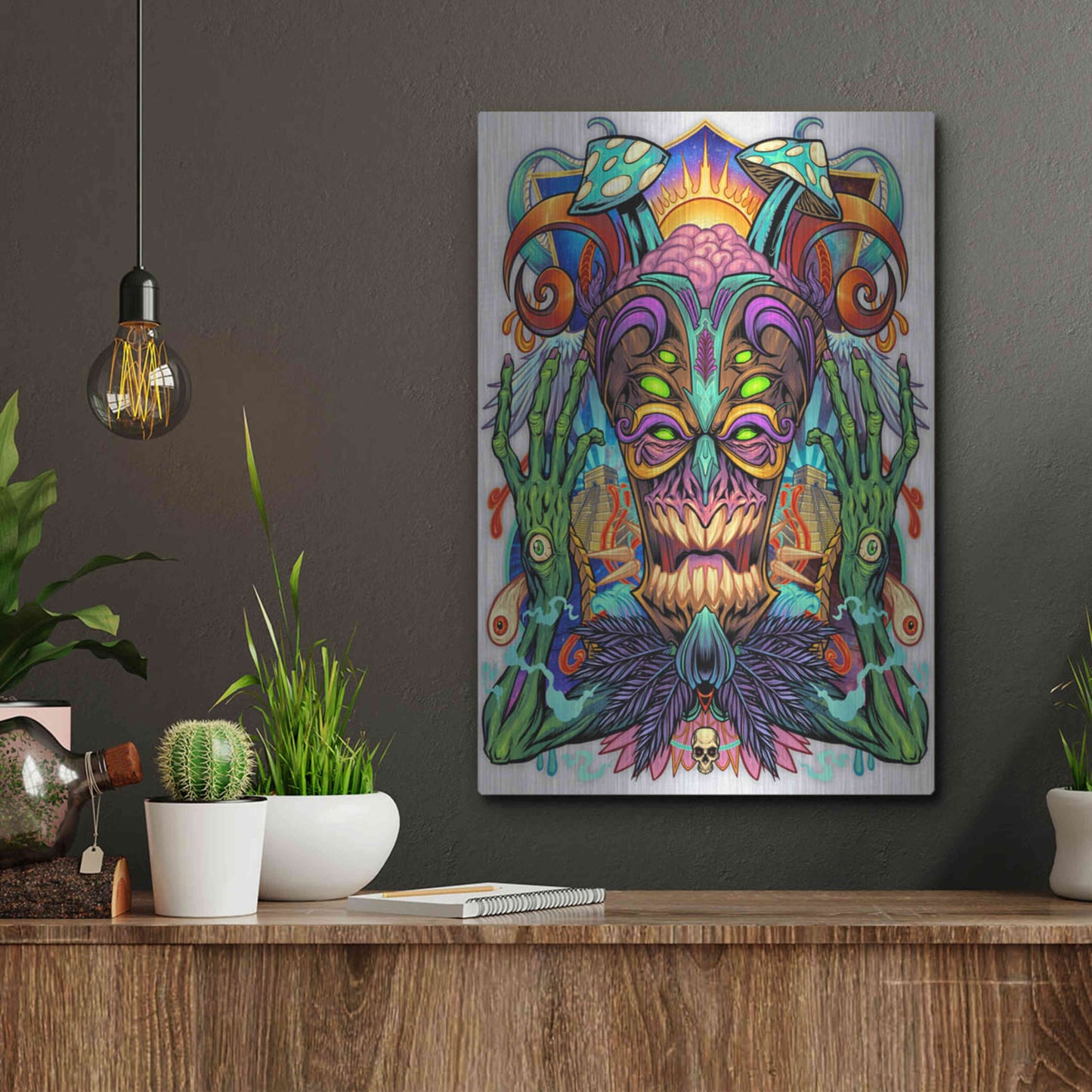 Luxe Metal Art 'Psychedelic Tiki Creature' by Flyland Designs, Metal Wall Art,12x16