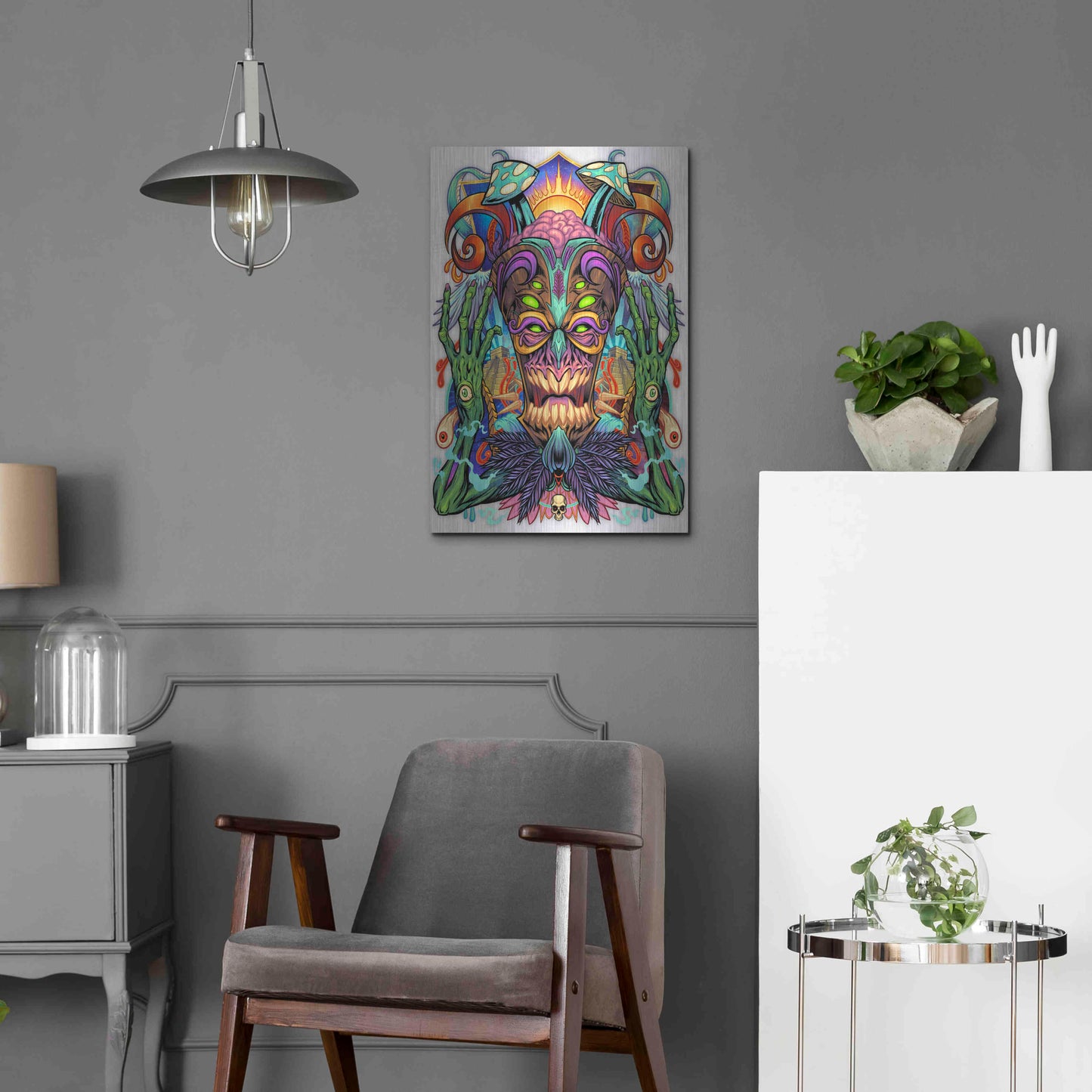 Luxe Metal Art 'Psychedelic Tiki Creature' by Flyland Designs, Metal Wall Art,16x24