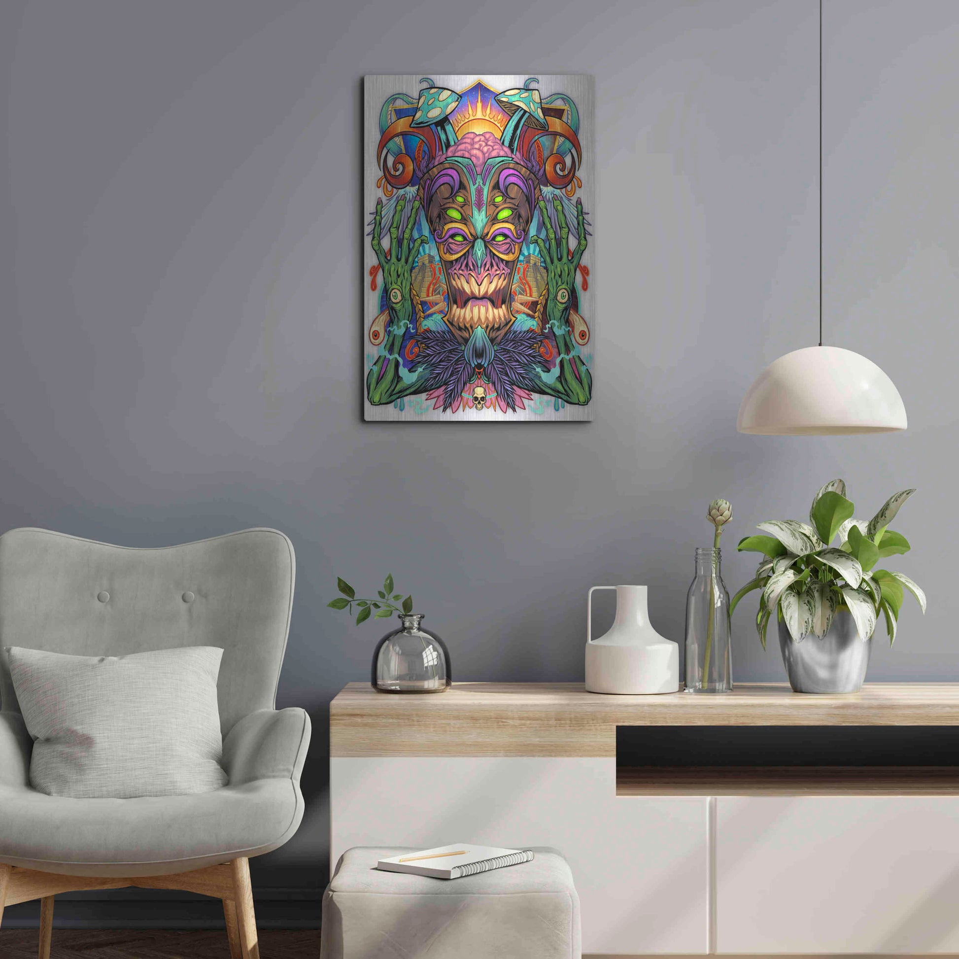 Luxe Metal Art 'Psychedelic Tiki Creature' by Flyland Designs, Metal Wall Art,16x24