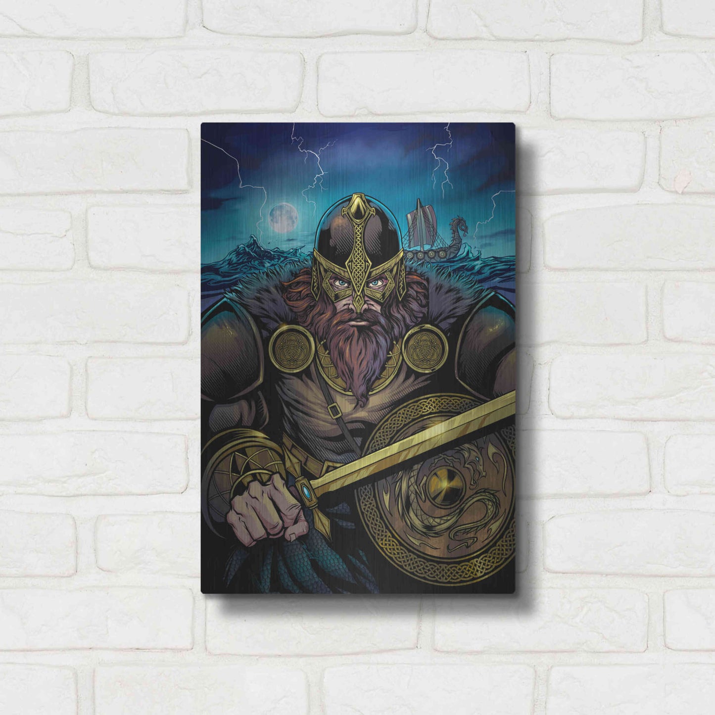 Luxe Metal Art 'Viking Sword and Shield Moonlight' by Flyland Designs, Metal Wall Art,12x16