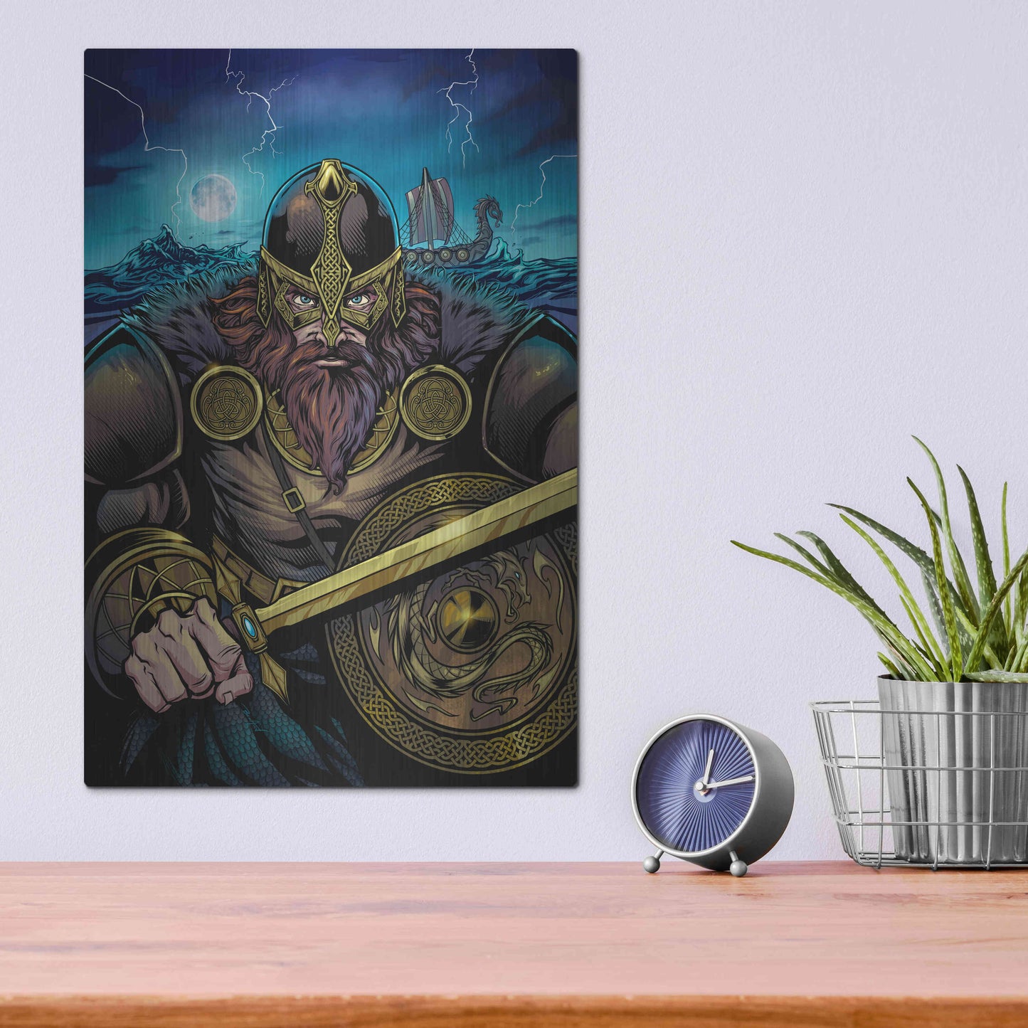 Luxe Metal Art 'Viking Sword and Shield Moonlight' by Flyland Designs, Metal Wall Art,12x16