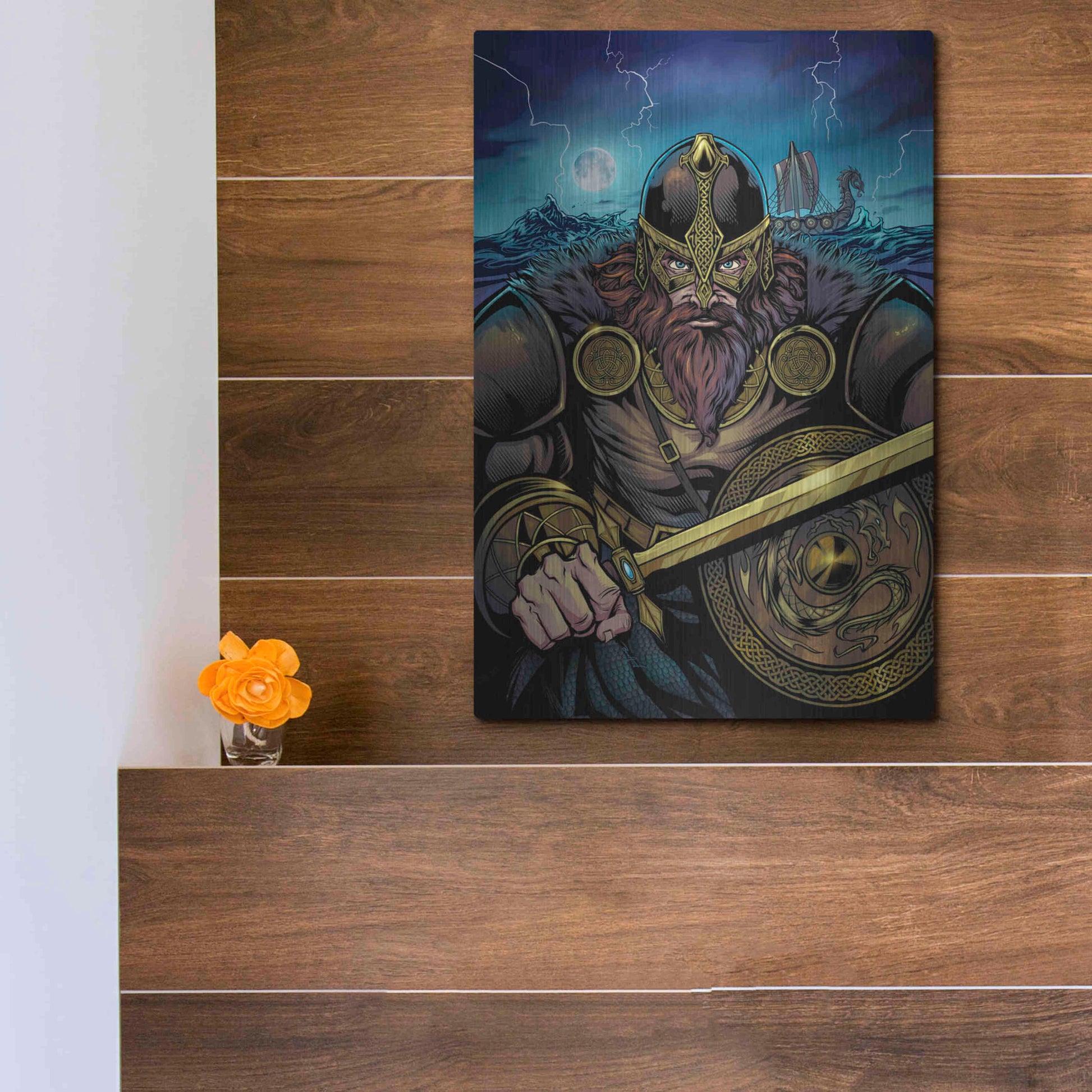 Luxe Metal Art 'Viking Sword and Shield Moonlight' by Flyland Designs, Metal Wall Art,12x16