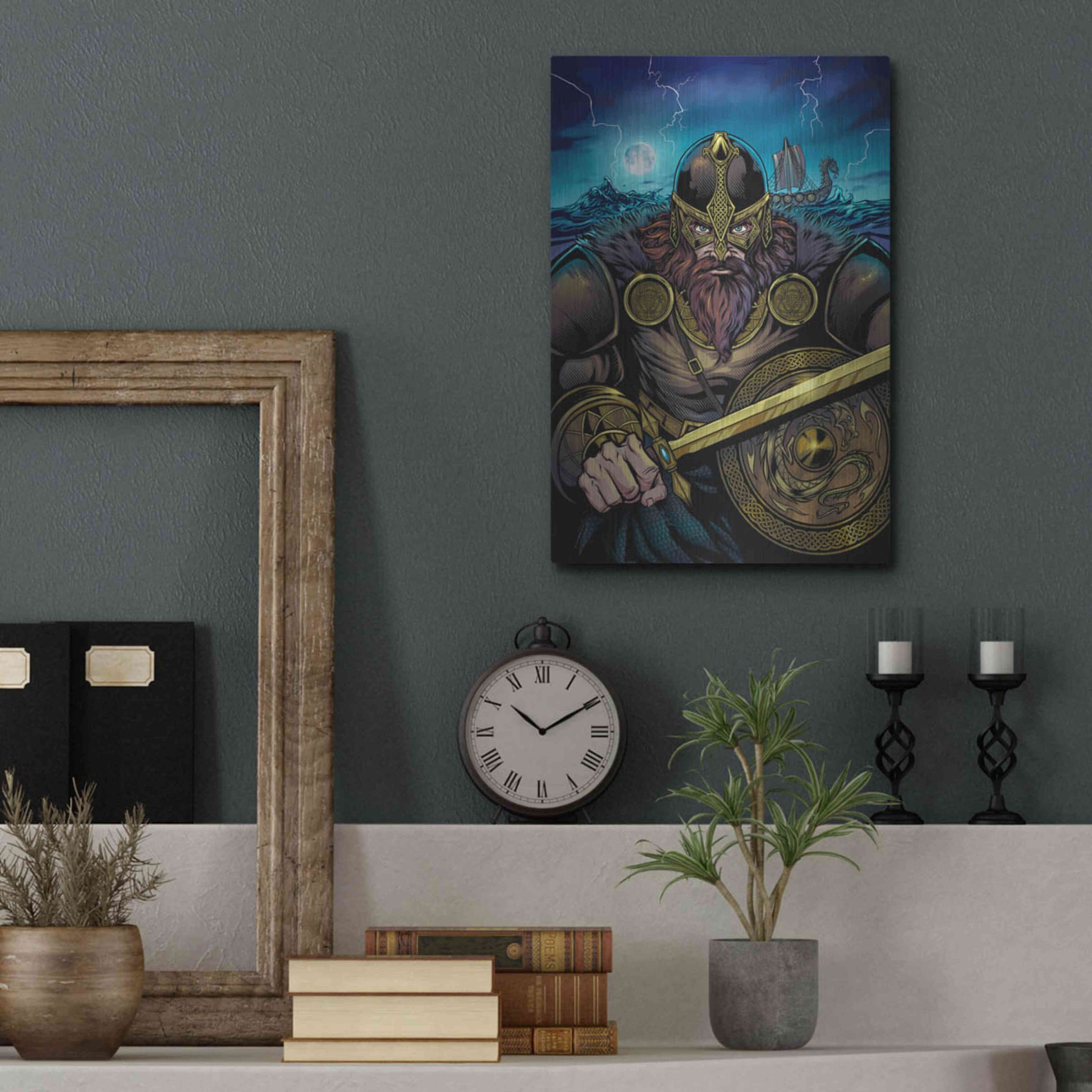 Luxe Metal Art 'Viking Sword and Shield Moonlight' by Flyland Designs, Metal Wall Art,12x16