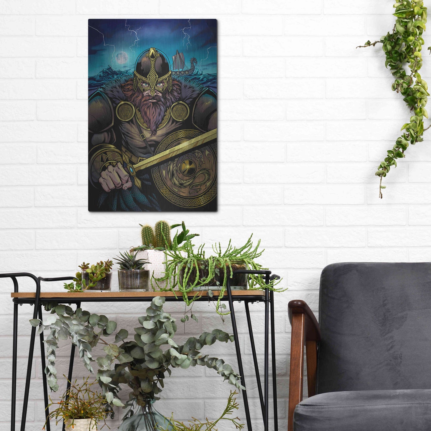 Luxe Metal Art 'Viking Sword and Shield Moonlight' by Flyland Designs, Metal Wall Art,12x16