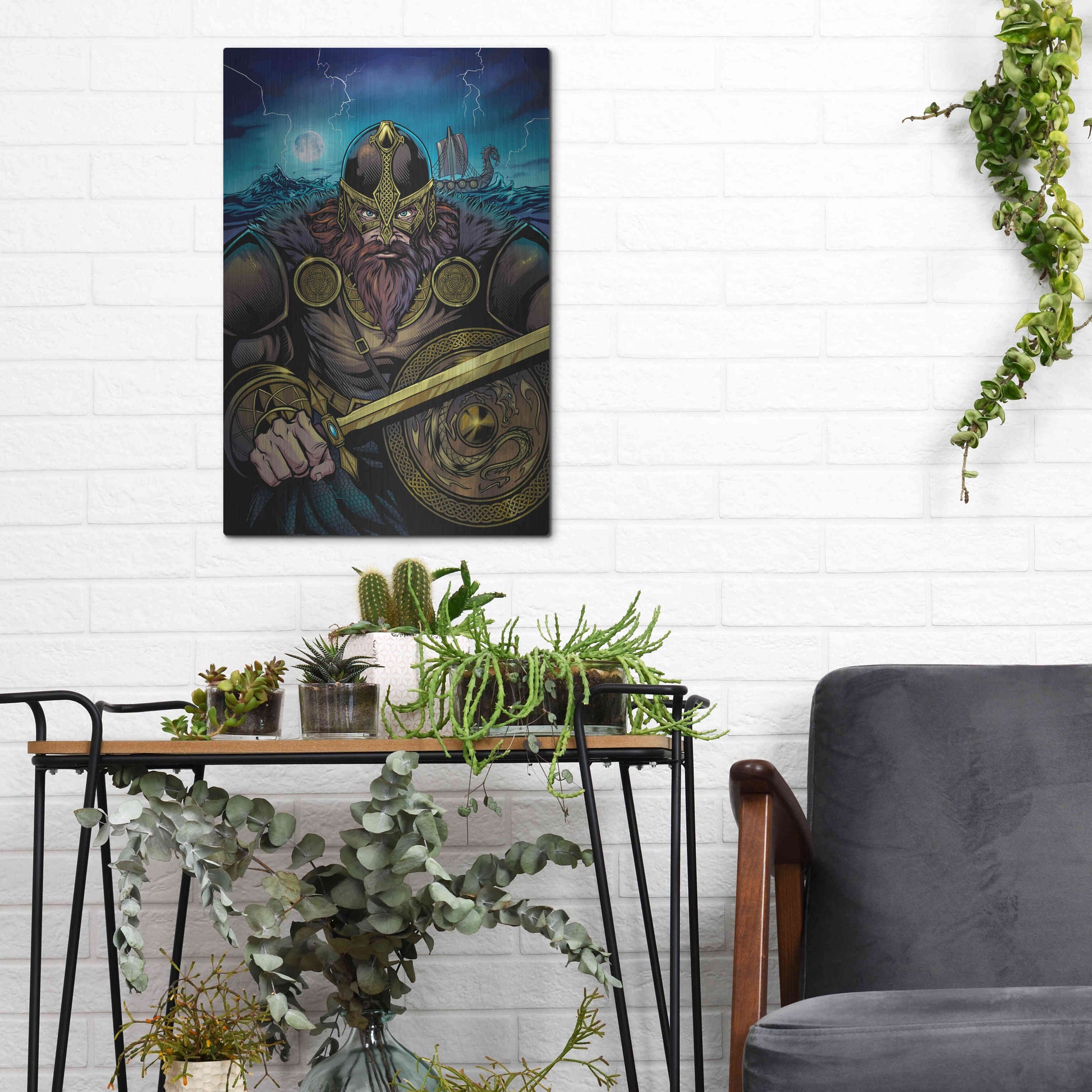 Luxe Metal Art 'Viking Sword and Shield Moonlight' by Flyland Designs, Metal Wall Art,12x16