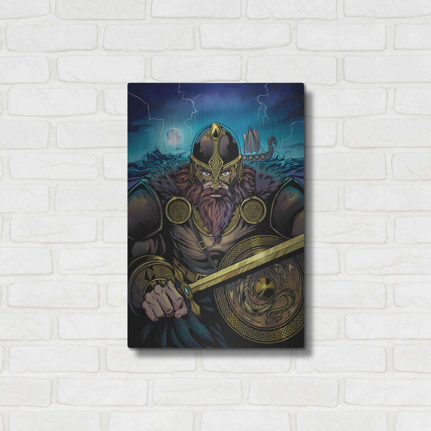 Luxe Metal Art 'Viking Sword and Shield Moonlight' by Flyland Designs, Metal Wall Art,16x24