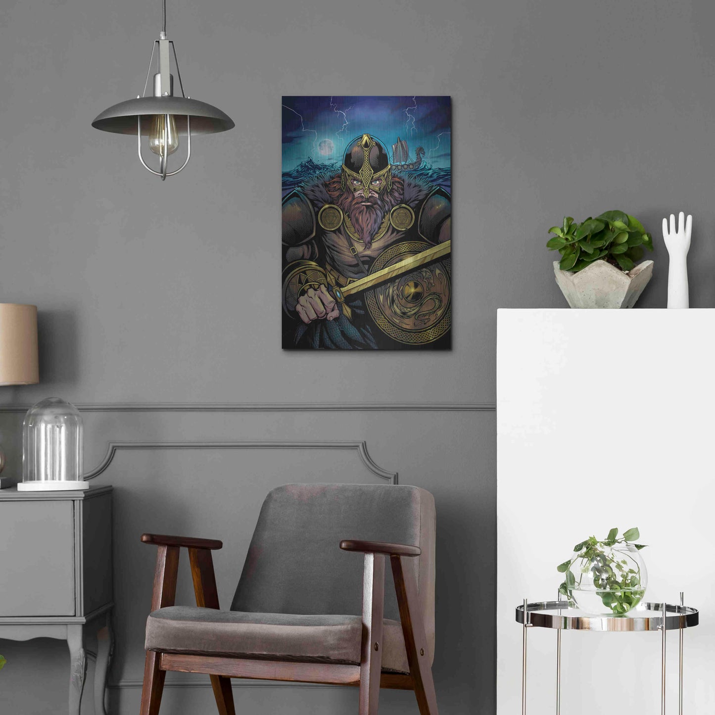 Luxe Metal Art 'Viking Sword and Shield Moonlight' by Flyland Designs, Metal Wall Art,16x24