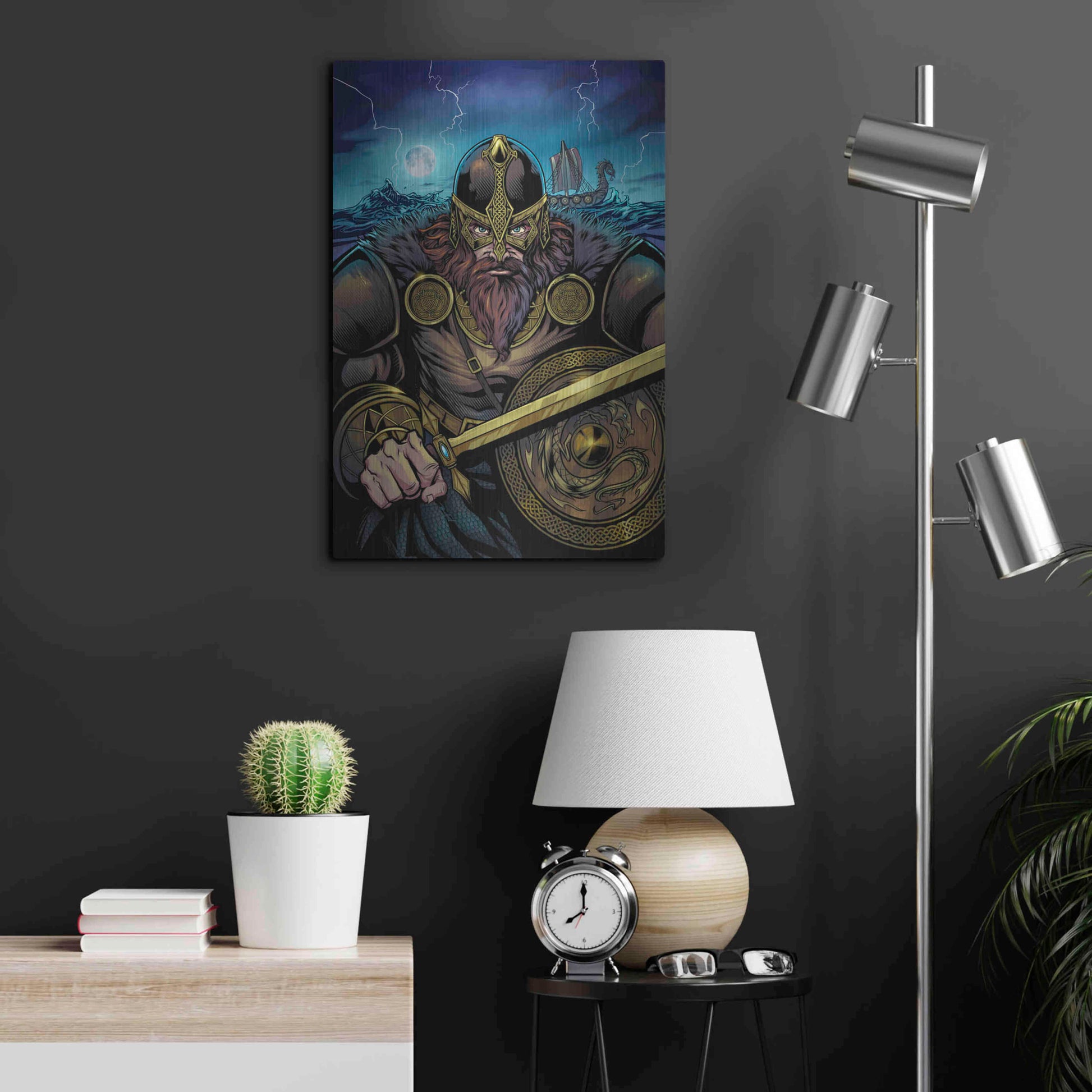 Luxe Metal Art 'Viking Sword and Shield Moonlight' by Flyland Designs, Metal Wall Art,16x24