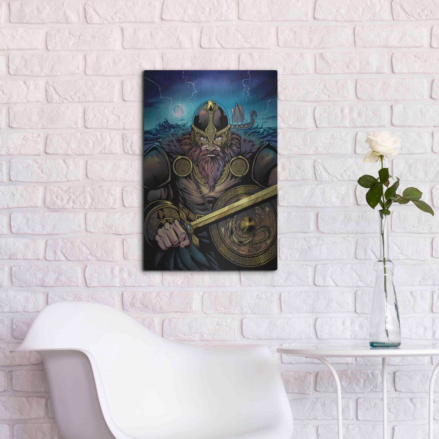 Luxe Metal Art 'Viking Sword and Shield Moonlight' by Flyland Designs, Metal Wall Art,16x24