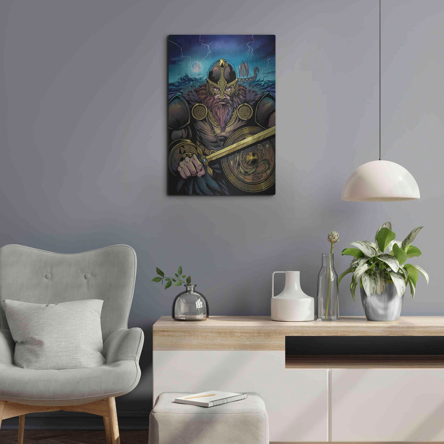 Luxe Metal Art 'Viking Sword and Shield Moonlight' by Flyland Designs, Metal Wall Art,16x24