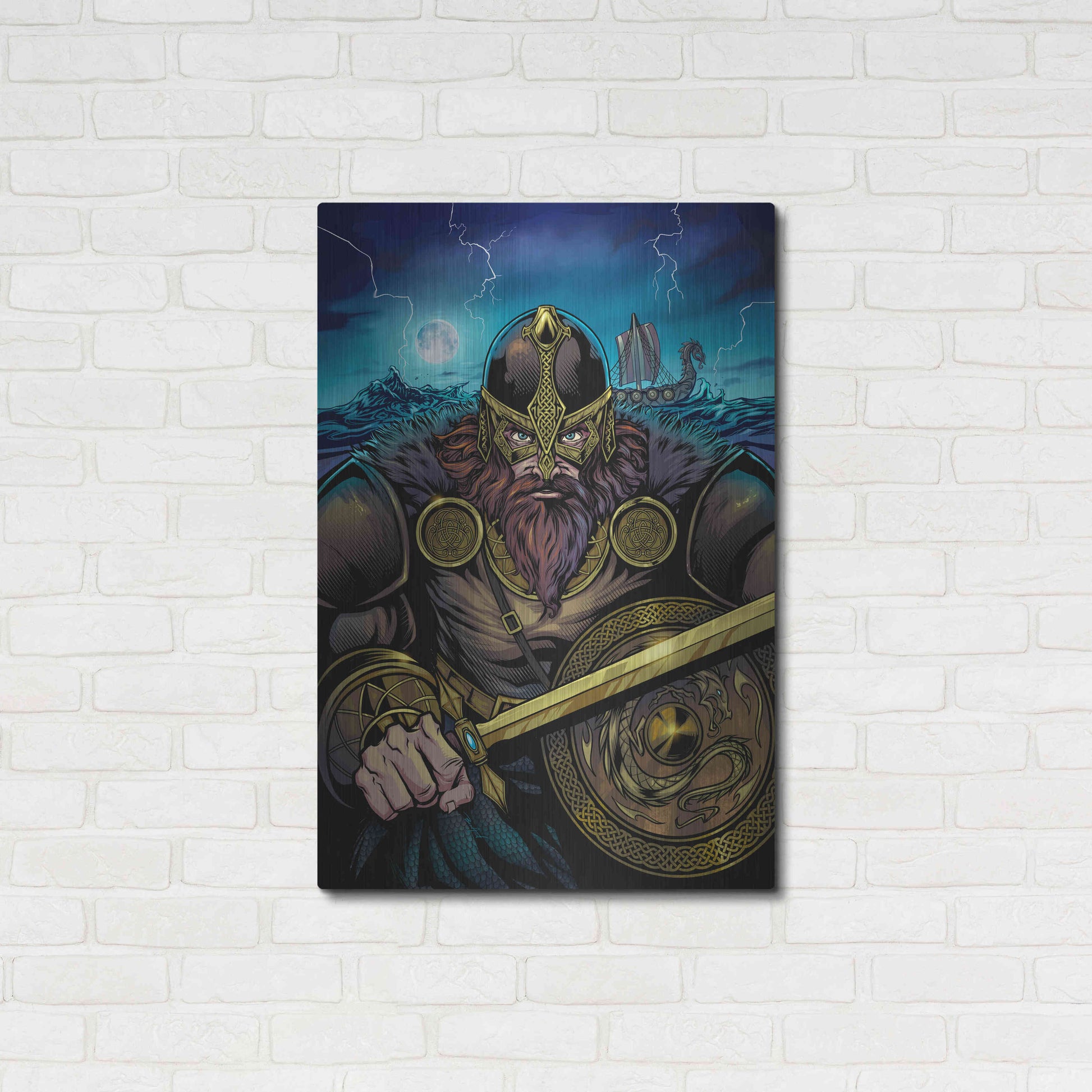 Luxe Metal Art 'Viking Sword and Shield Moonlight' by Flyland Designs, Metal Wall Art,24x36