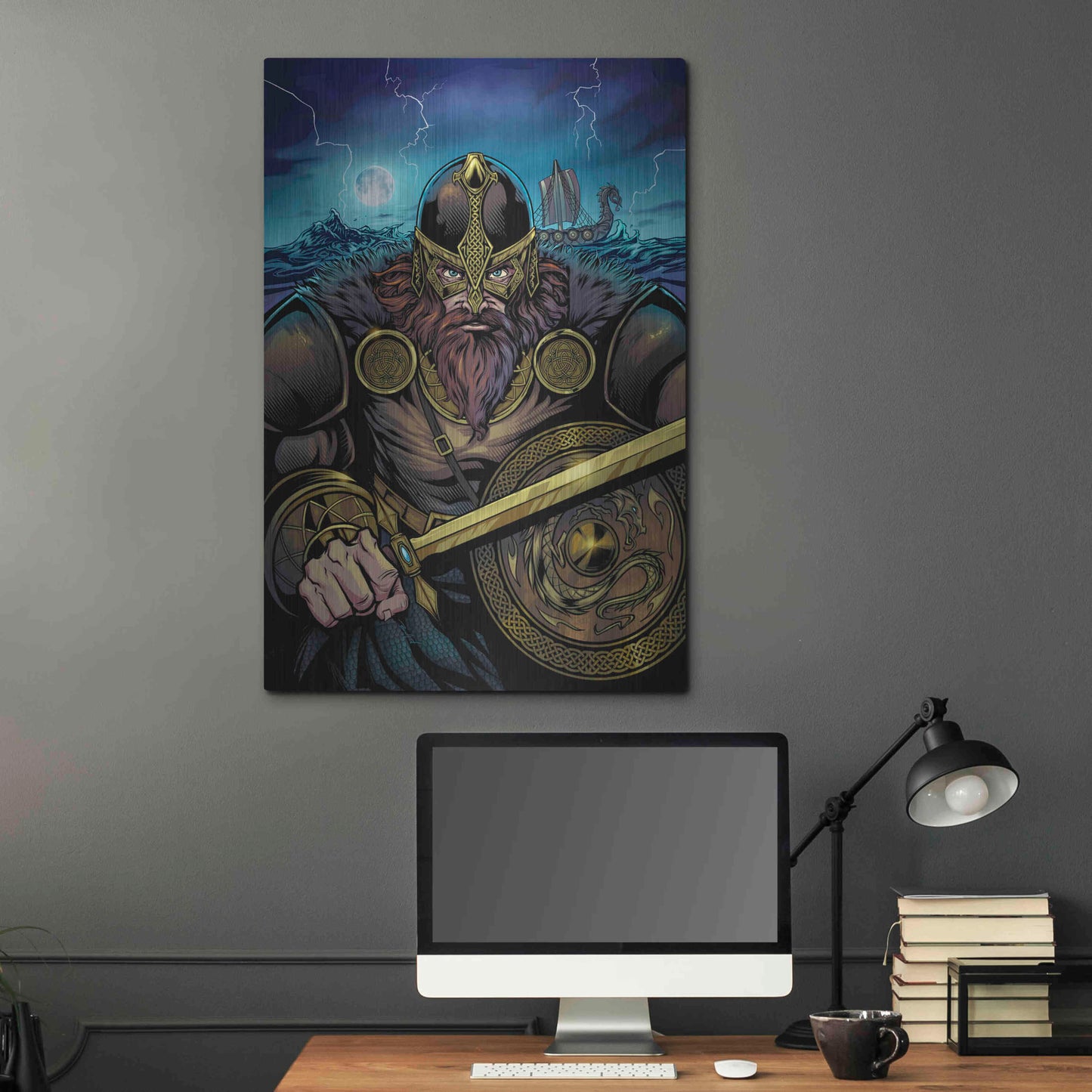 Luxe Metal Art 'Viking Sword and Shield Moonlight' by Flyland Designs, Metal Wall Art,24x36